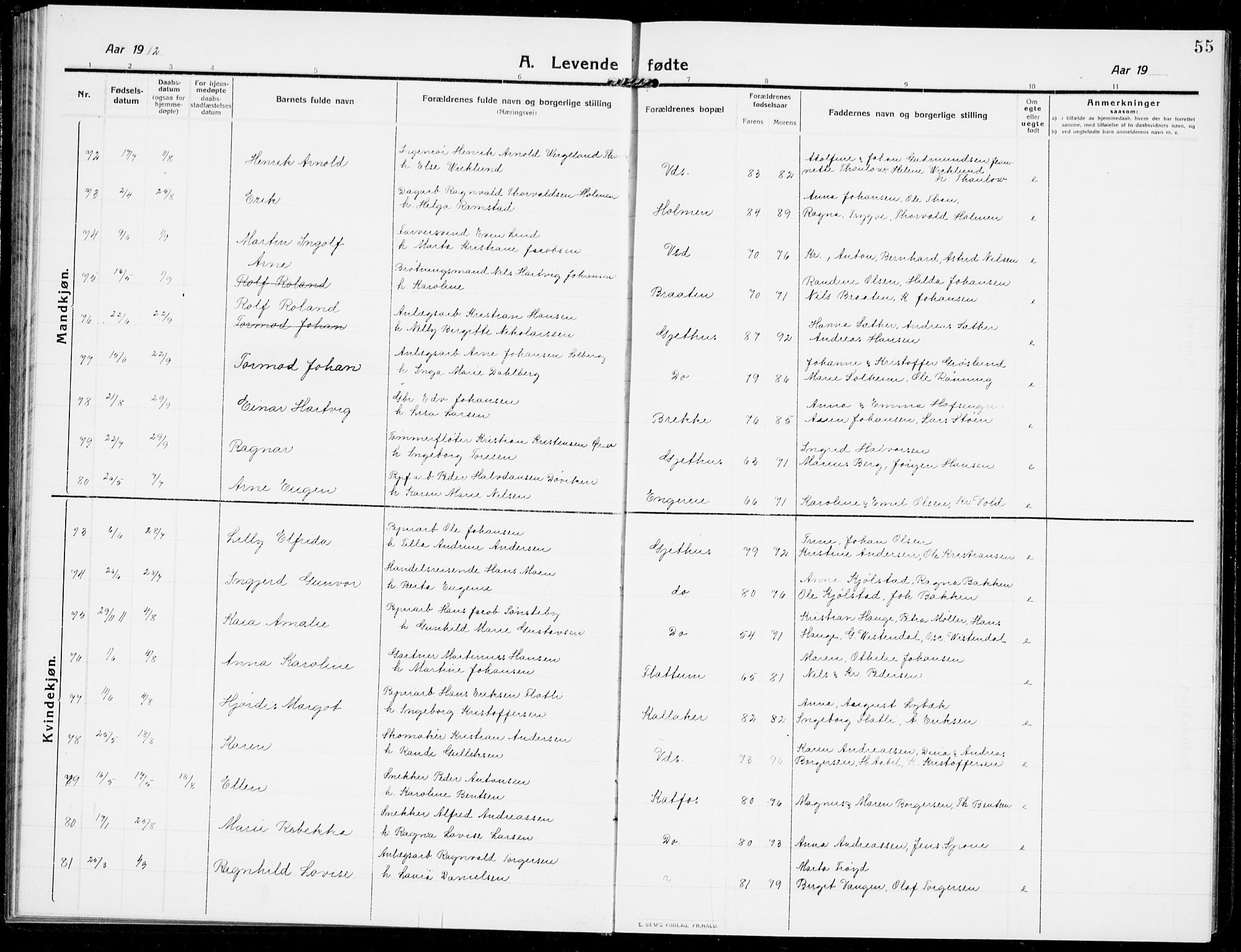 Modum kirkebøker, AV/SAKO-A-234/G/Ga/L0009: Parish register (copy) no. I 9, 1909-1923, p. 55