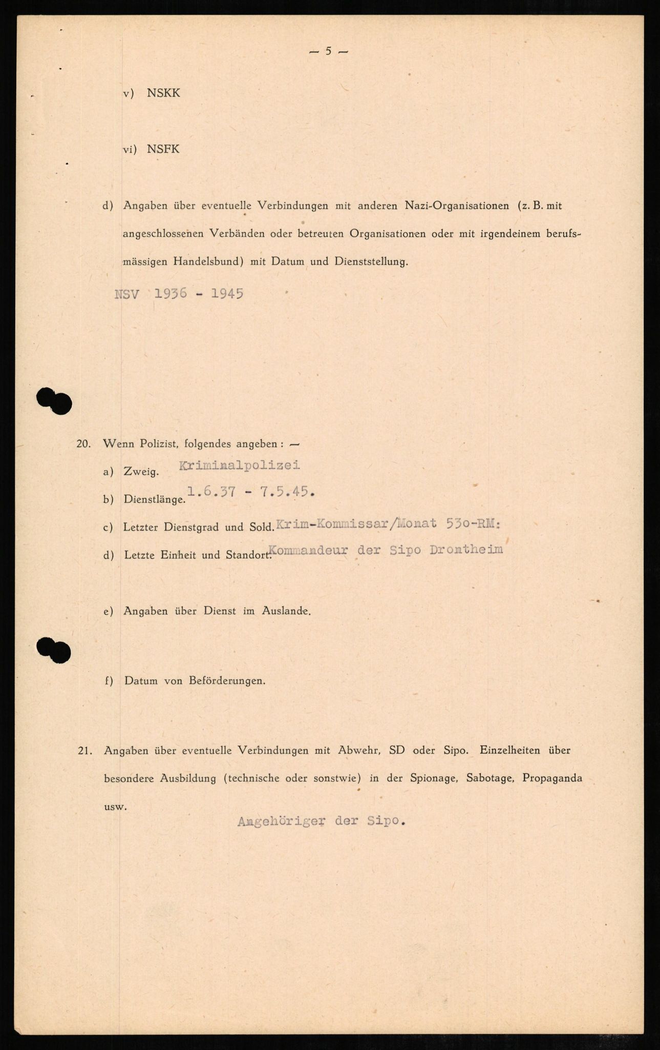 Forsvaret, Forsvarets overkommando II, RA/RAFA-3915/D/Db/L0006: CI Questionaires. Tyske okkupasjonsstyrker i Norge. Tyskere., 1945-1946, p. 381