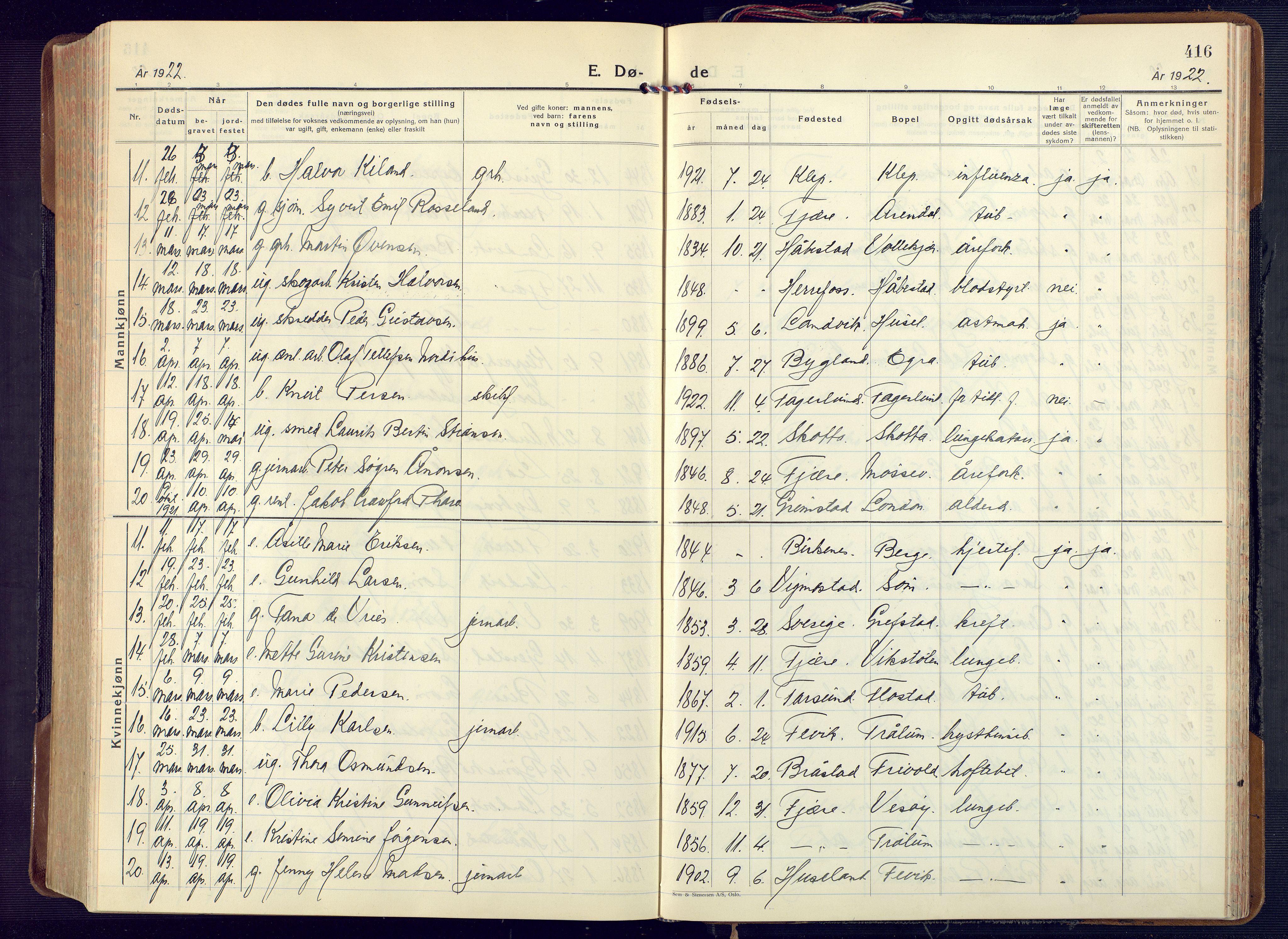 Fjære sokneprestkontor, AV/SAK-1111-0011/F/Fa/L0004: Parish register (official) no. A 4, 1902-1925, p. 416