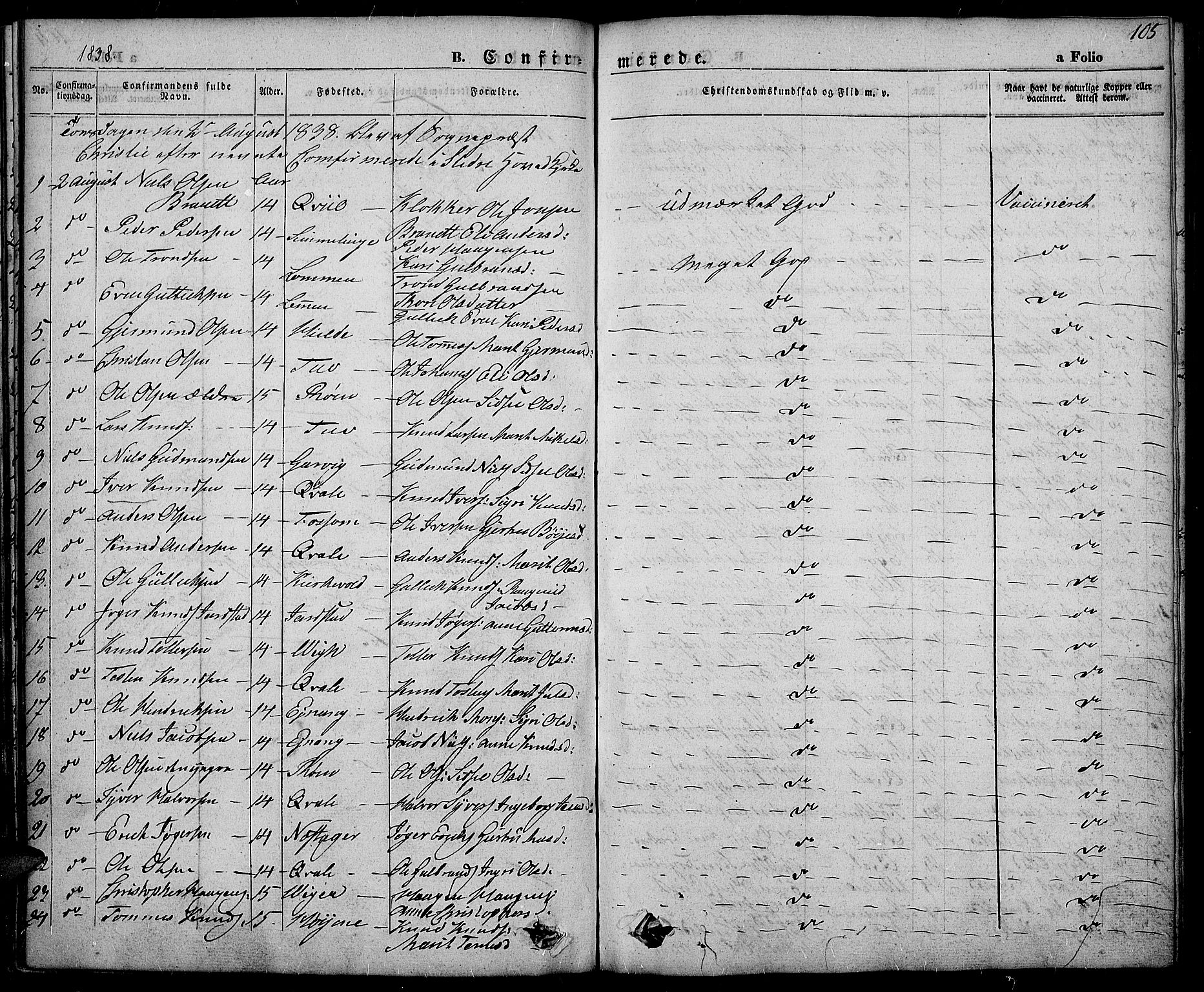 Slidre prestekontor, SAH/PREST-134/H/Ha/Haa/L0003: Parish register (official) no. 3, 1831-1843, p. 105