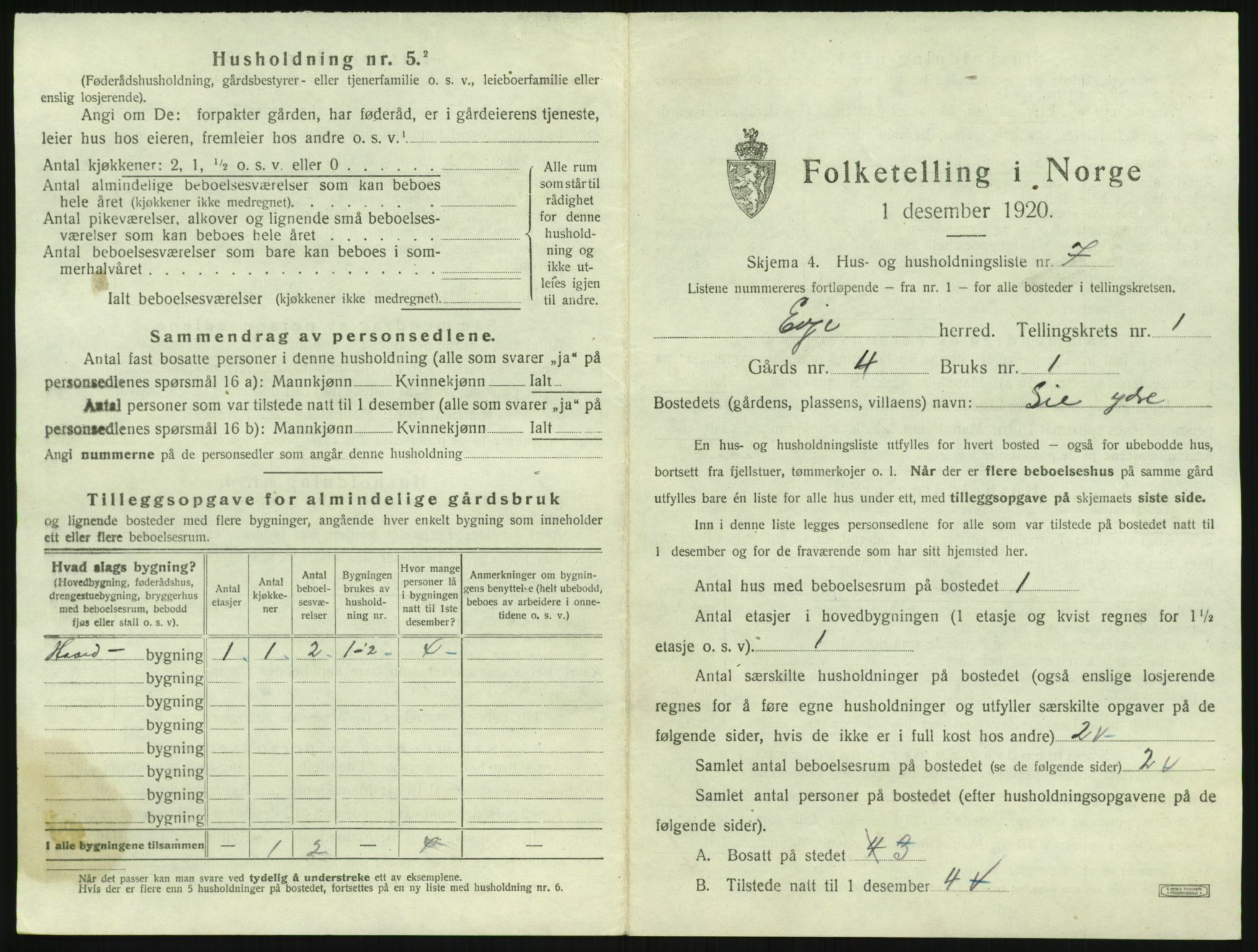 SAK, 1920 census for Evje, 1920, p. 54