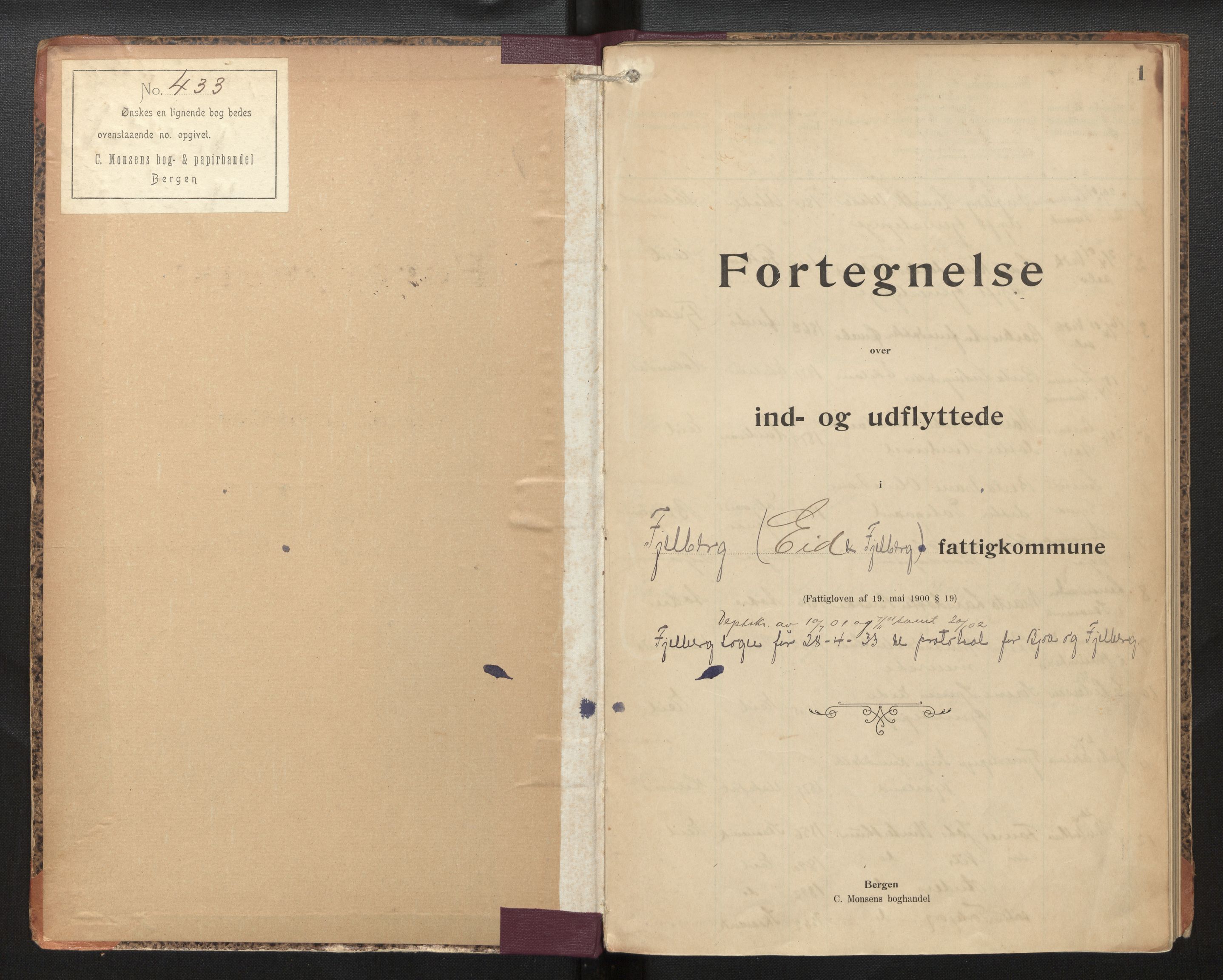 Lensmannen i Fjelberg, SAB/A-32101/0020/L0002: Protokoll over inn- og utflytte, Eid og Fjelberg, 1901-1943, p. 1