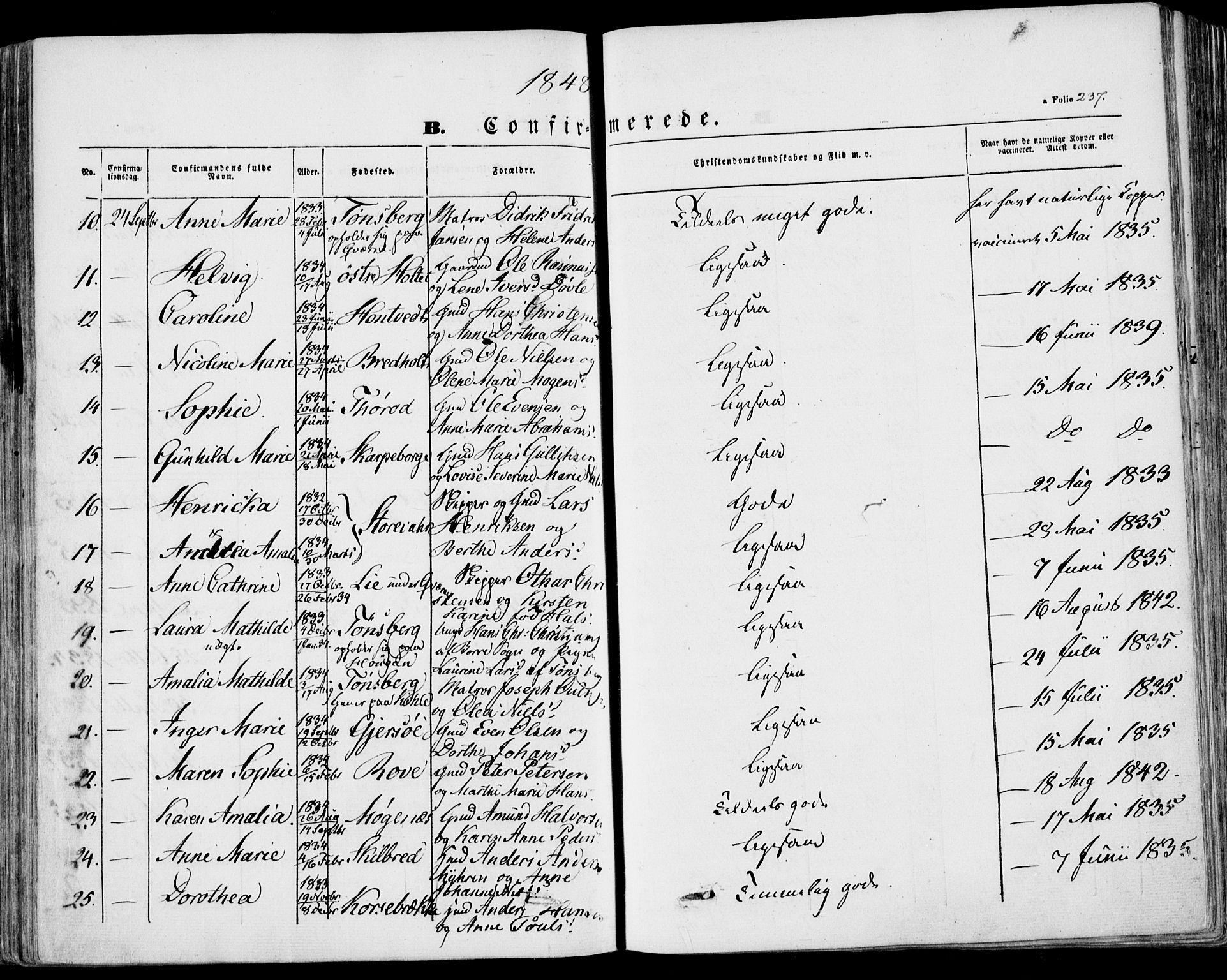 Stokke kirkebøker, AV/SAKO-A-320/F/Fa/L0007: Parish register (official) no. I 7, 1844-1857, p. 237