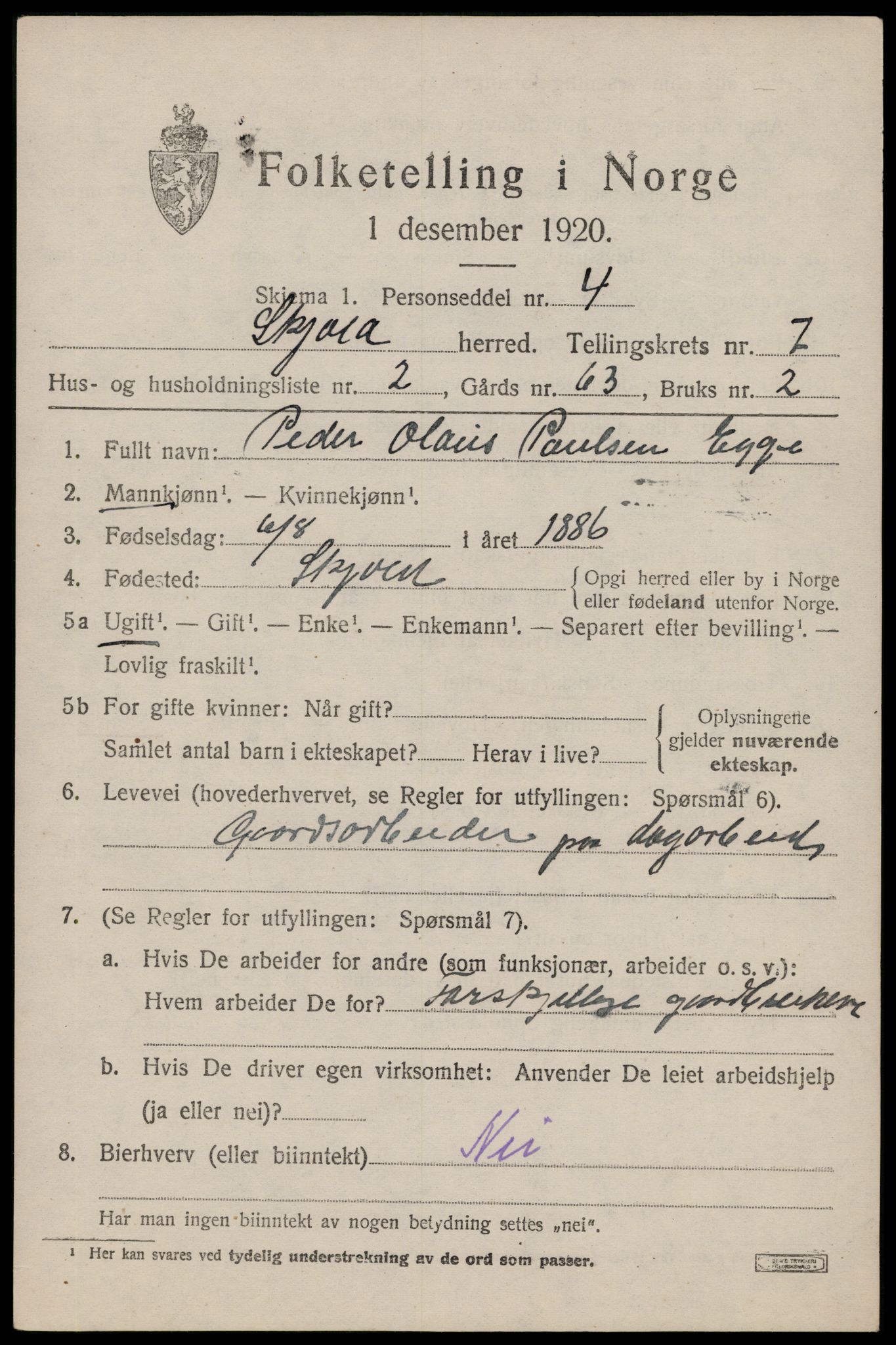 SAST, 1920 census for Skjold, 1920, p. 3900