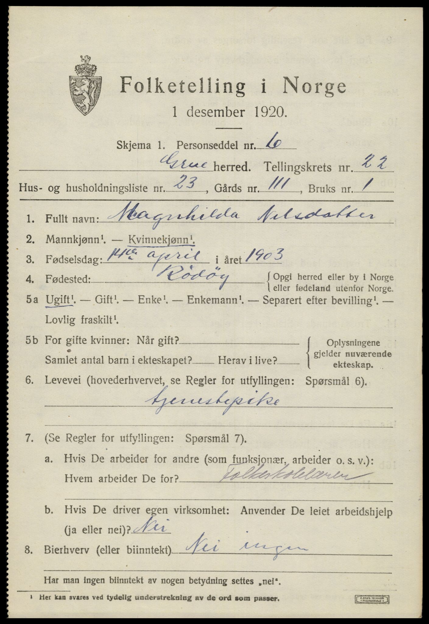 SAH, 1920 census for Grue, 1920, p. 15789