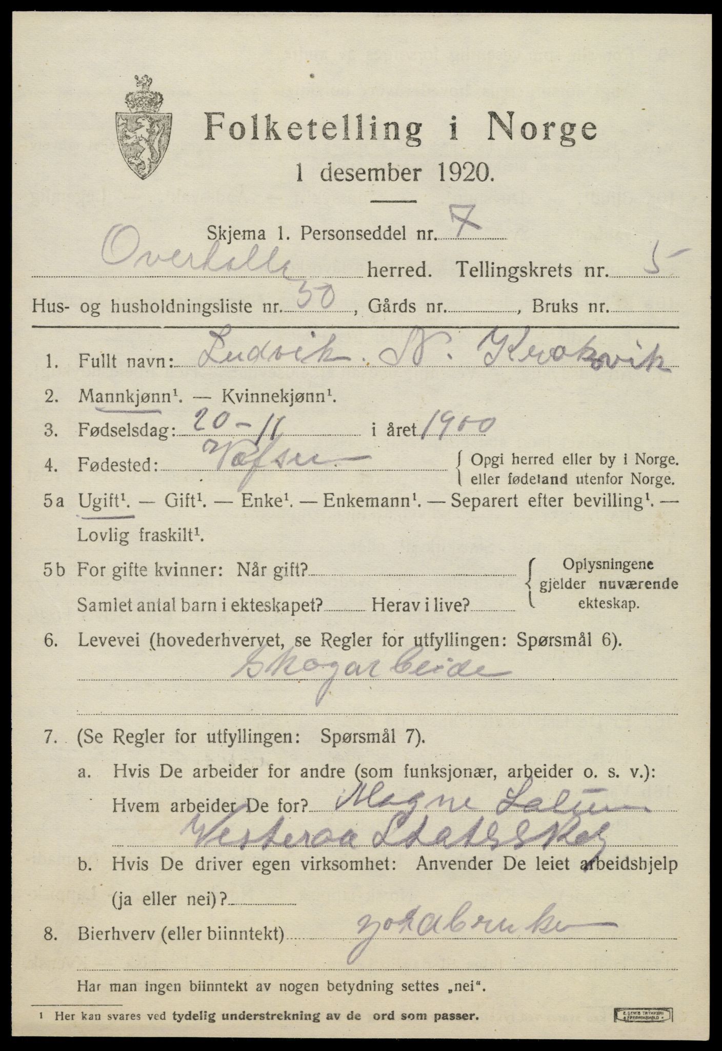 SAT, 1920 census for Overhalla, 1920, p. 4286