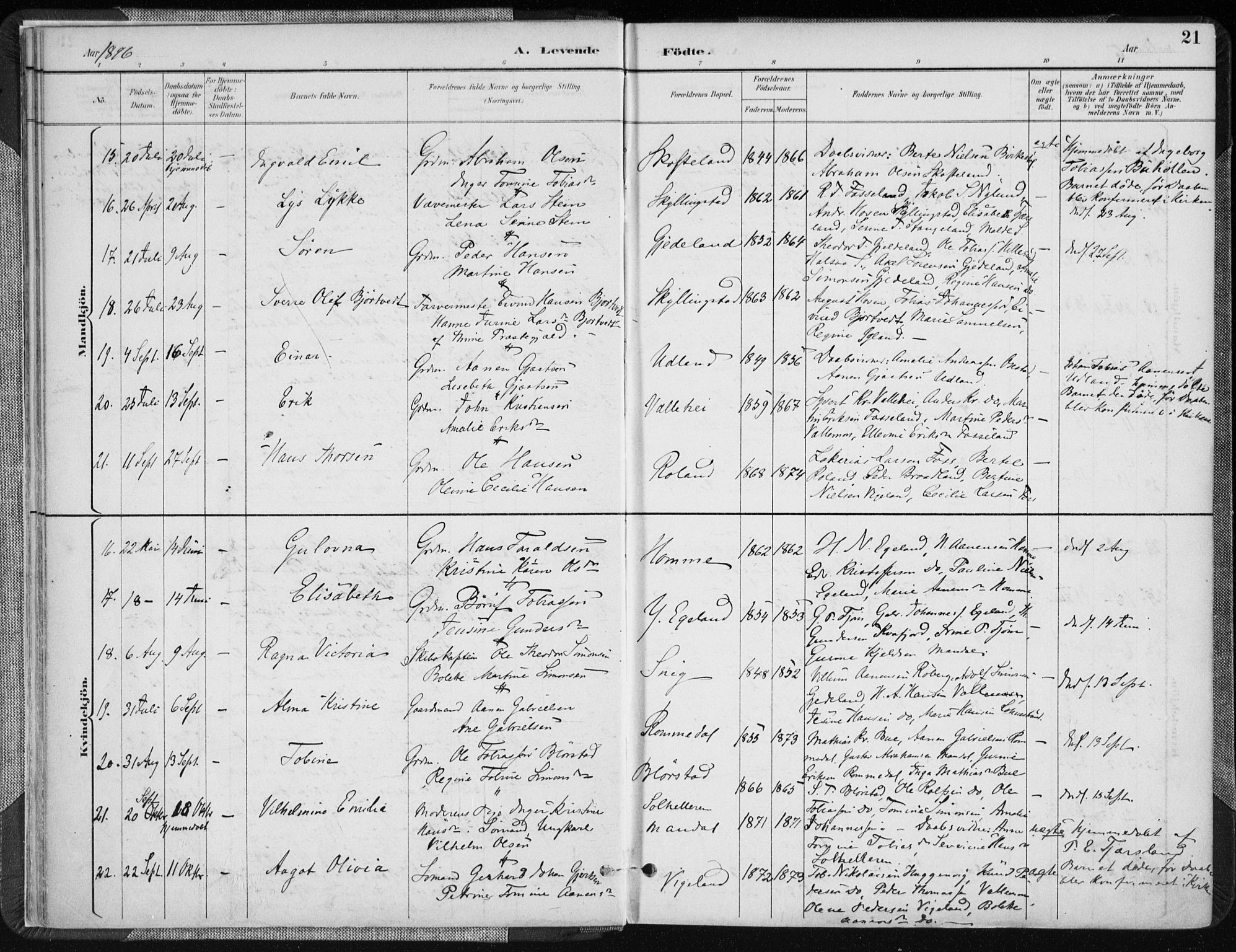 Sør-Audnedal sokneprestkontor, AV/SAK-1111-0039/F/Fa/Fab/L0010: Parish register (official) no. A 10, 1892-1913, p. 21