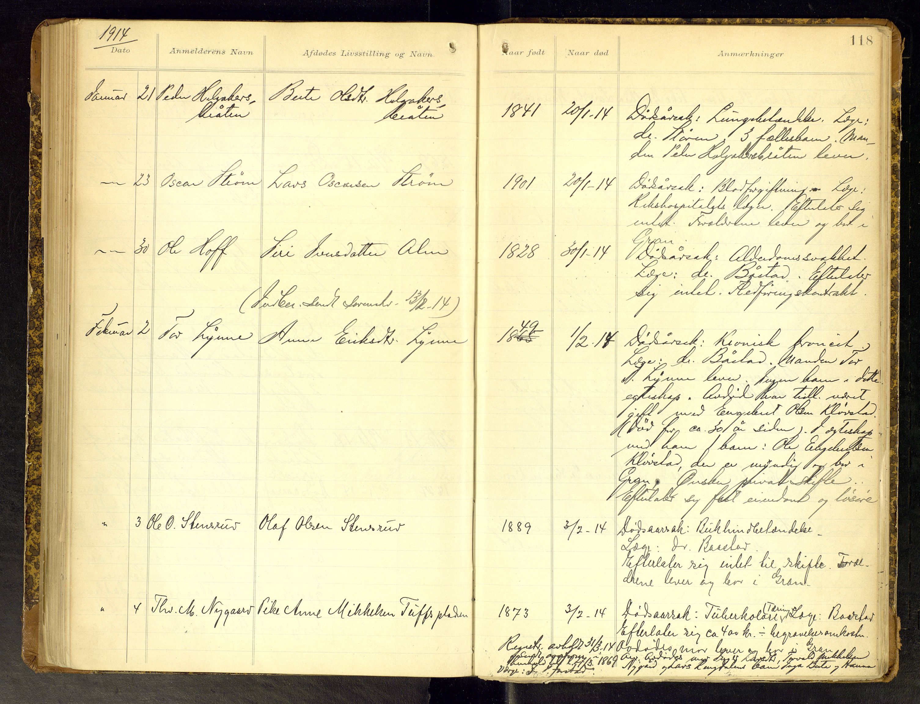 Gran lensmannskontor, AV/SAH-LOG-010/H/Ha/L0002: Dødsfallsprotokoll, 1899-1917, p. 118