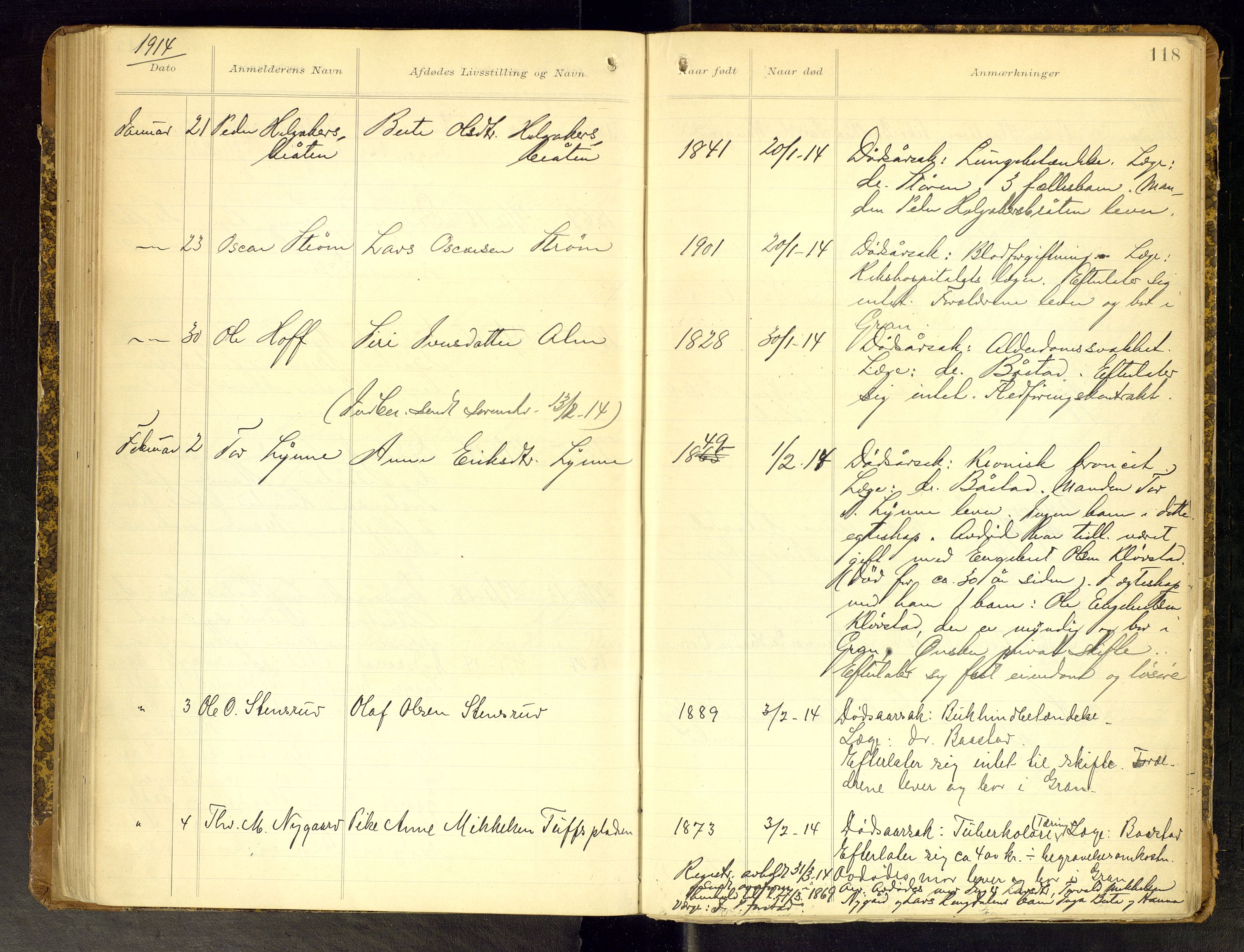 Gran lensmannskontor, SAH/LOG-010/H/Ha/L0002: Dødsfallsprotokoll, 1899-1917, p. 118