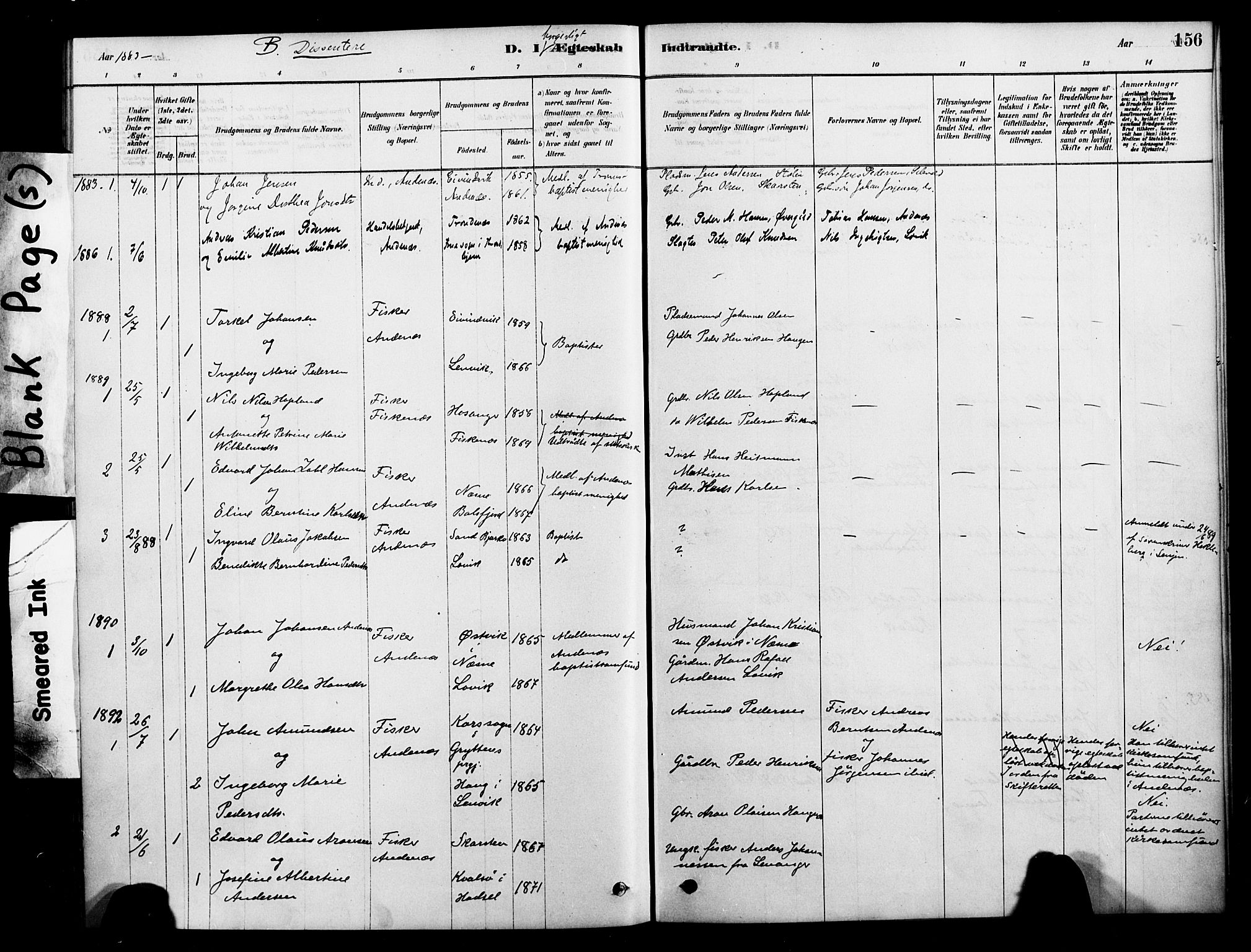 Ministerialprotokoller, klokkerbøker og fødselsregistre - Nordland, AV/SAT-A-1459/899/L1436: Parish register (official) no. 899A04, 1881-1896, p. 156