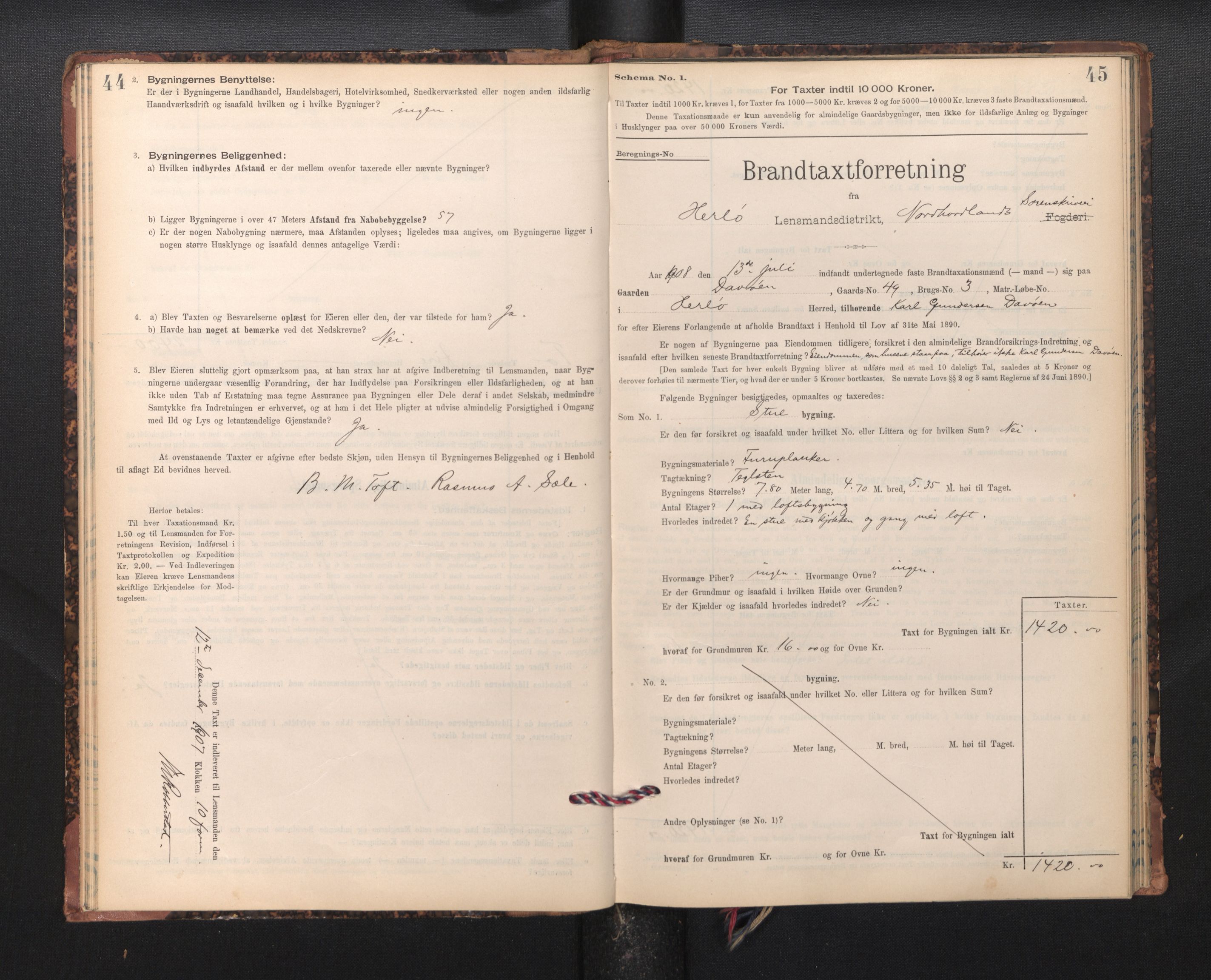 Lensmannen i Herdla, SAB/A-32901/0012/L0003:  Branntakstprotokoll skjematakst, 1897-1916, p. 44-45