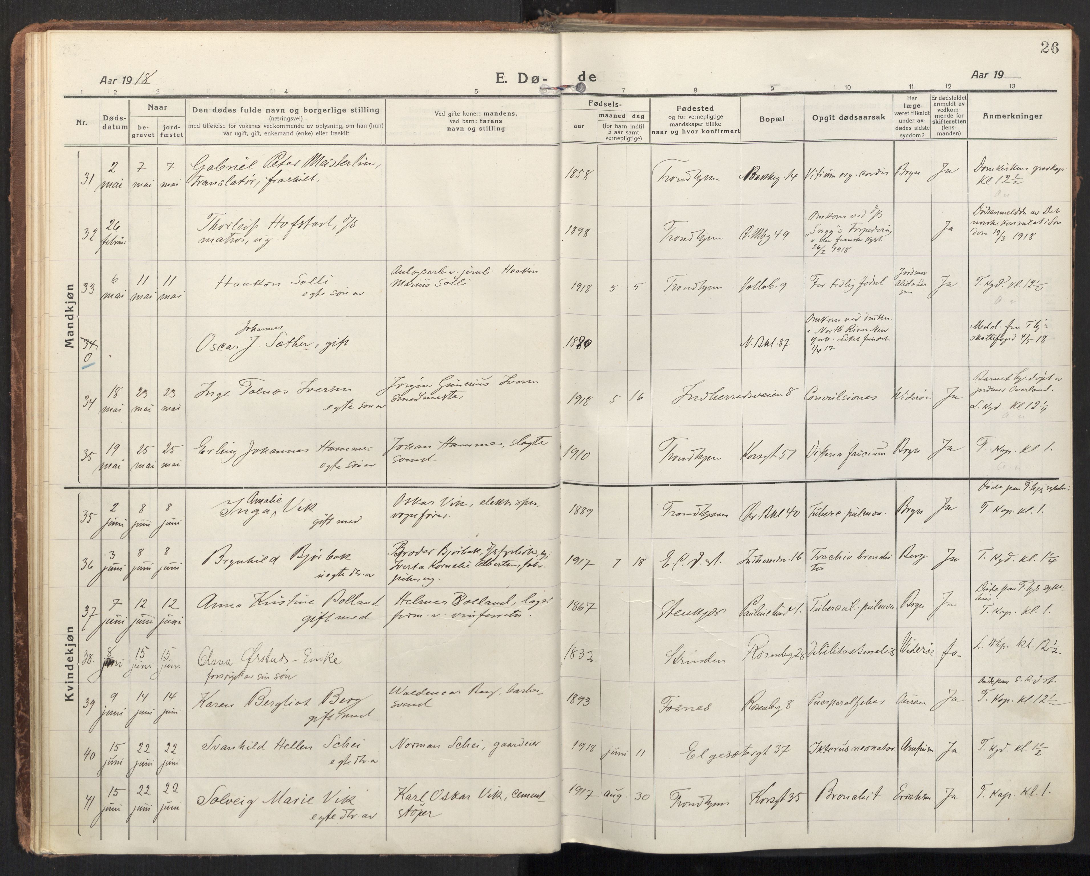 Ministerialprotokoller, klokkerbøker og fødselsregistre - Sør-Trøndelag, SAT/A-1456/604/L0207: Parish register (official) no. 604A27, 1917-1933, p. 26