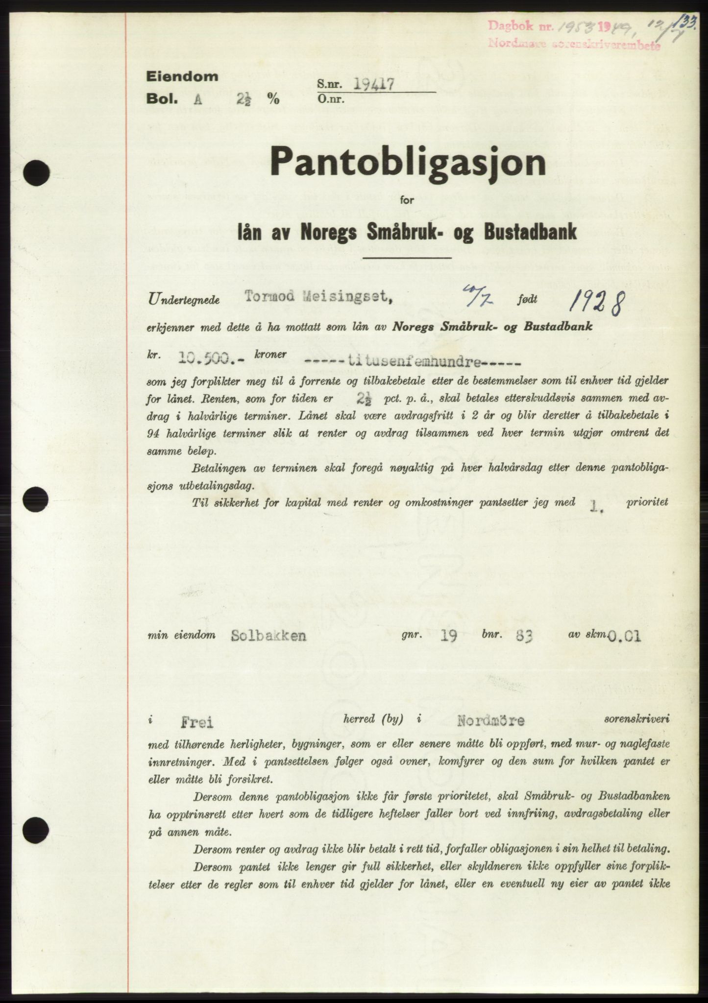 Nordmøre sorenskriveri, AV/SAT-A-4132/1/2/2Ca: Mortgage book no. B102, 1949-1949, Diary no: : 1953/1949