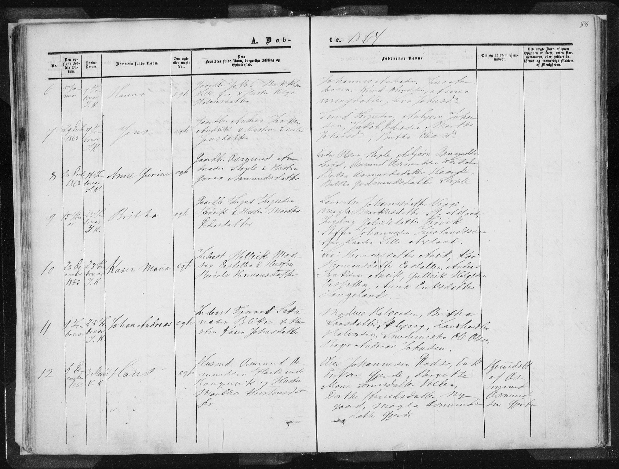 Vikedal sokneprestkontor, AV/SAST-A-101840/01/IV: Parish register (official) no. A 6.1, 1851-1867, p. 88