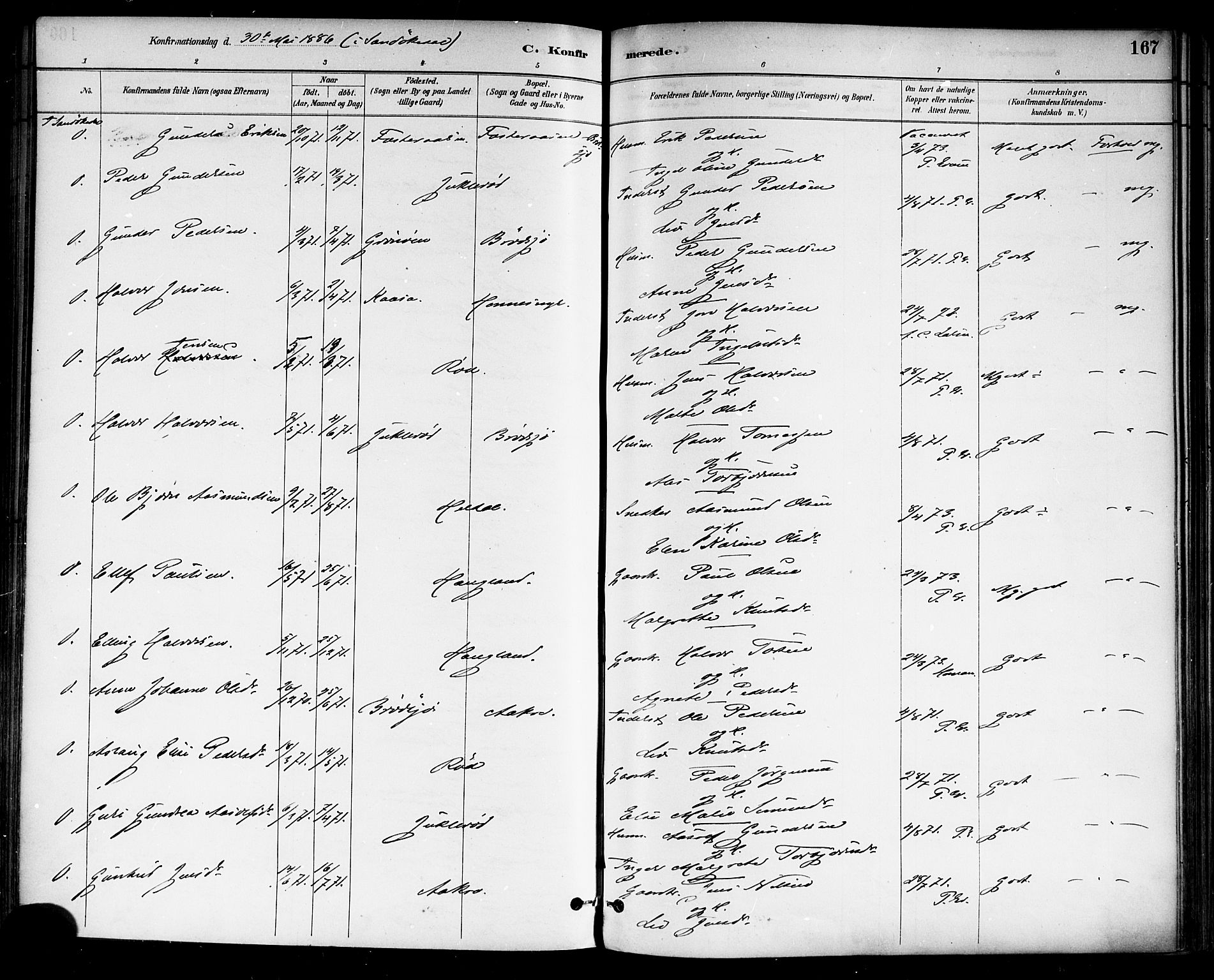 Drangedal kirkebøker, SAKO/A-258/F/Fa/L0010: Parish register (official) no. 10 /1, 1885-1894, p. 167