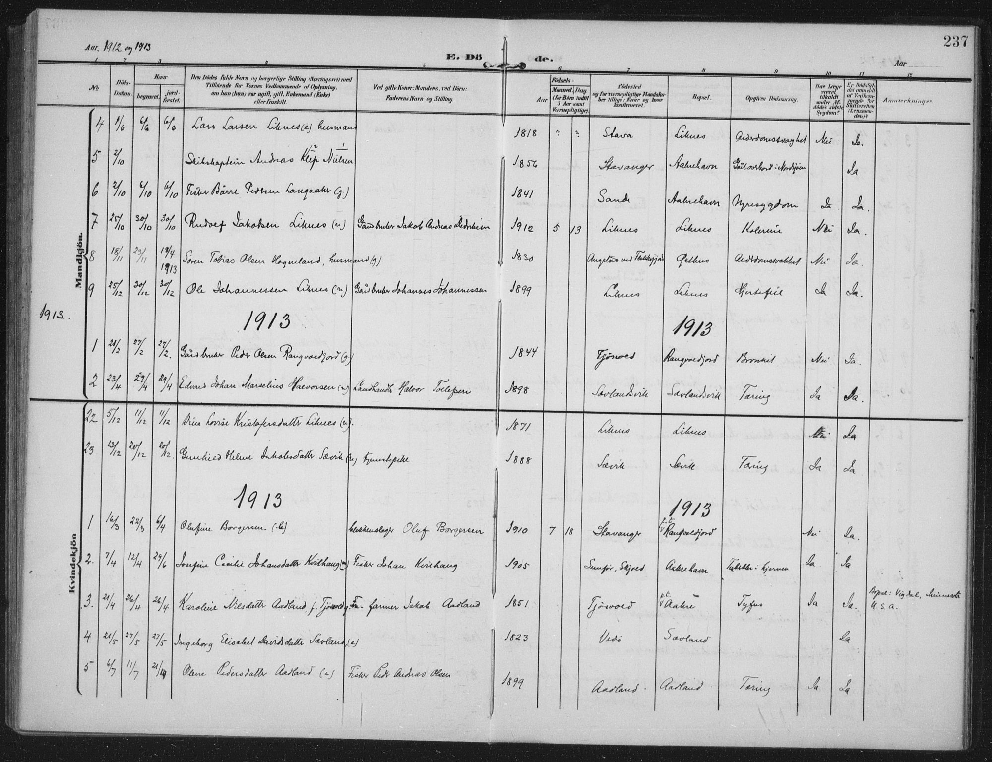 Kopervik sokneprestkontor, AV/SAST-A-101850/H/Ha/Haa/L0005: Parish register (official) no. A 5, 1906-1924, p. 237