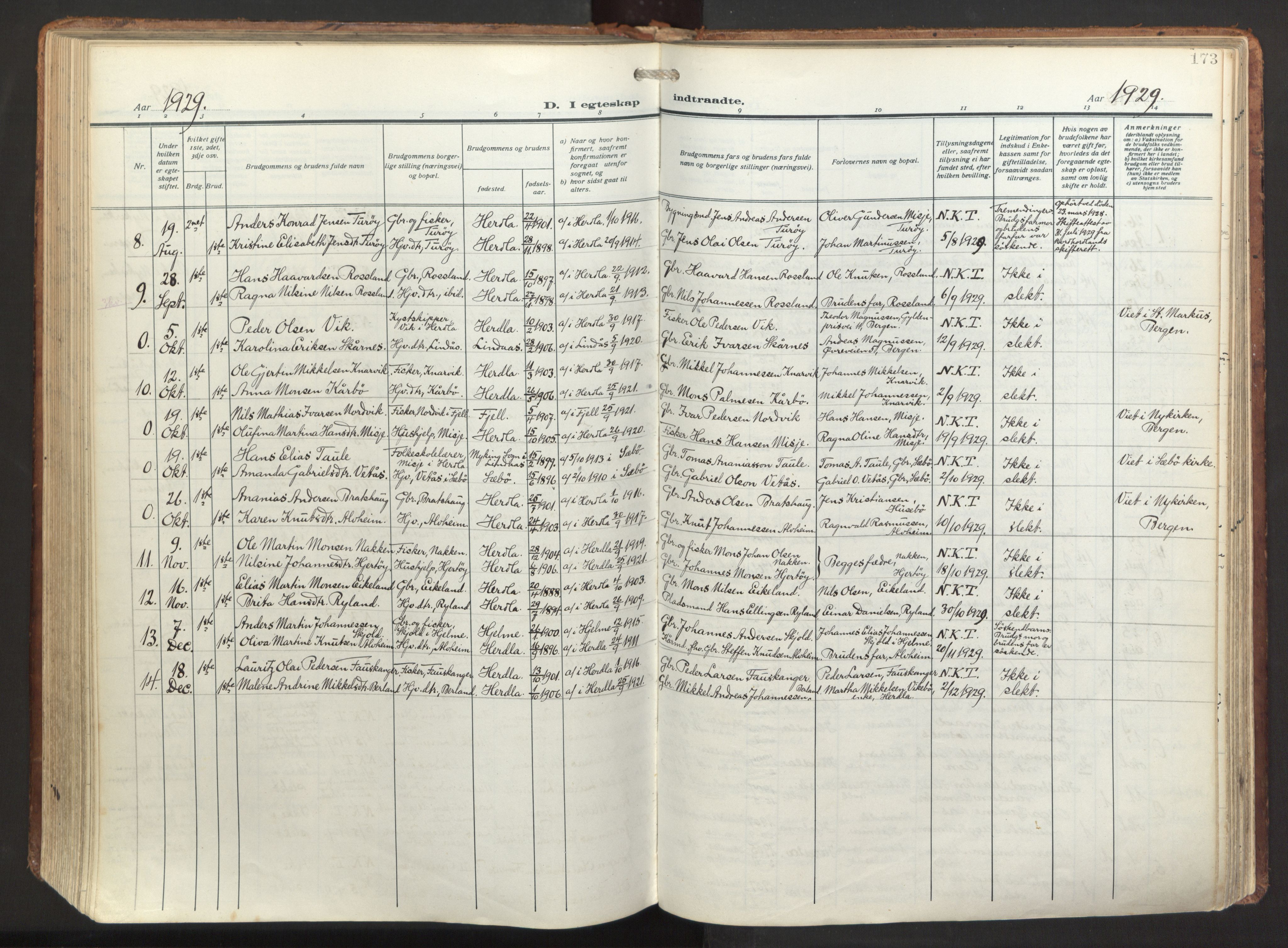 Herdla Sokneprestembete, SAB/A-75701/H/Haa: Parish register (official) no. A 6, 1918-1933, p. 173