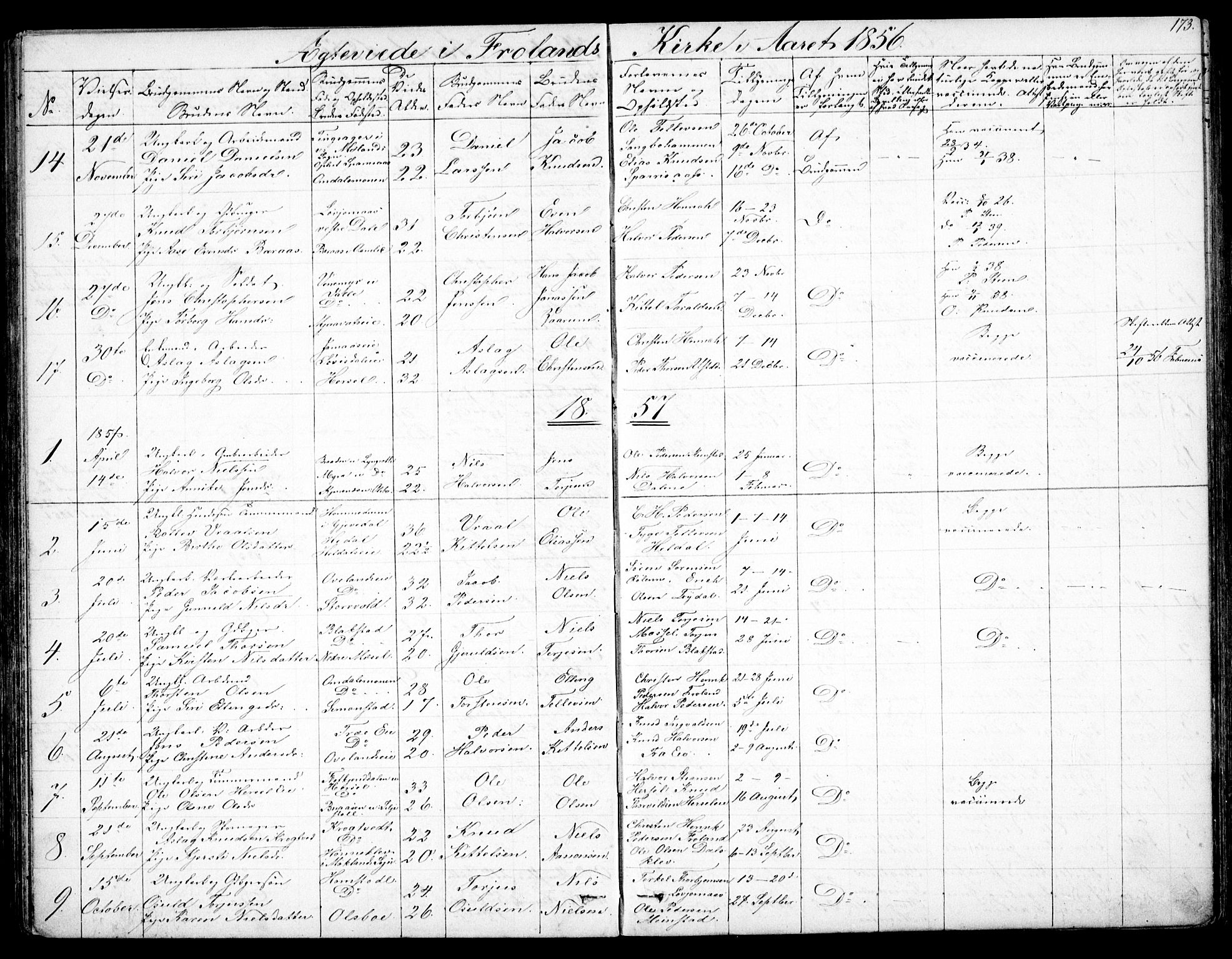 Froland sokneprestkontor, SAK/1111-0013/F/Fb/L0008: Parish register (copy) no. B 8, 1843-1875, p. 173