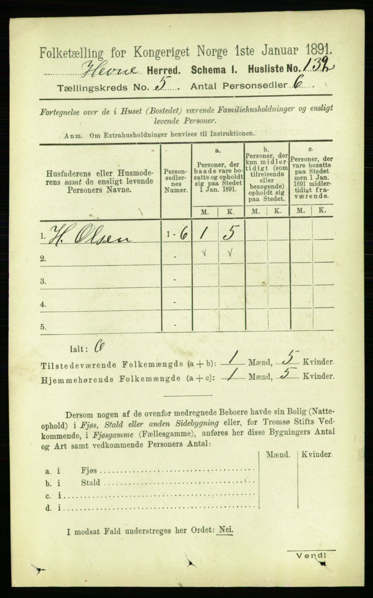 RA, 1891 census for 1612 Hemne, 1891, p. 2476