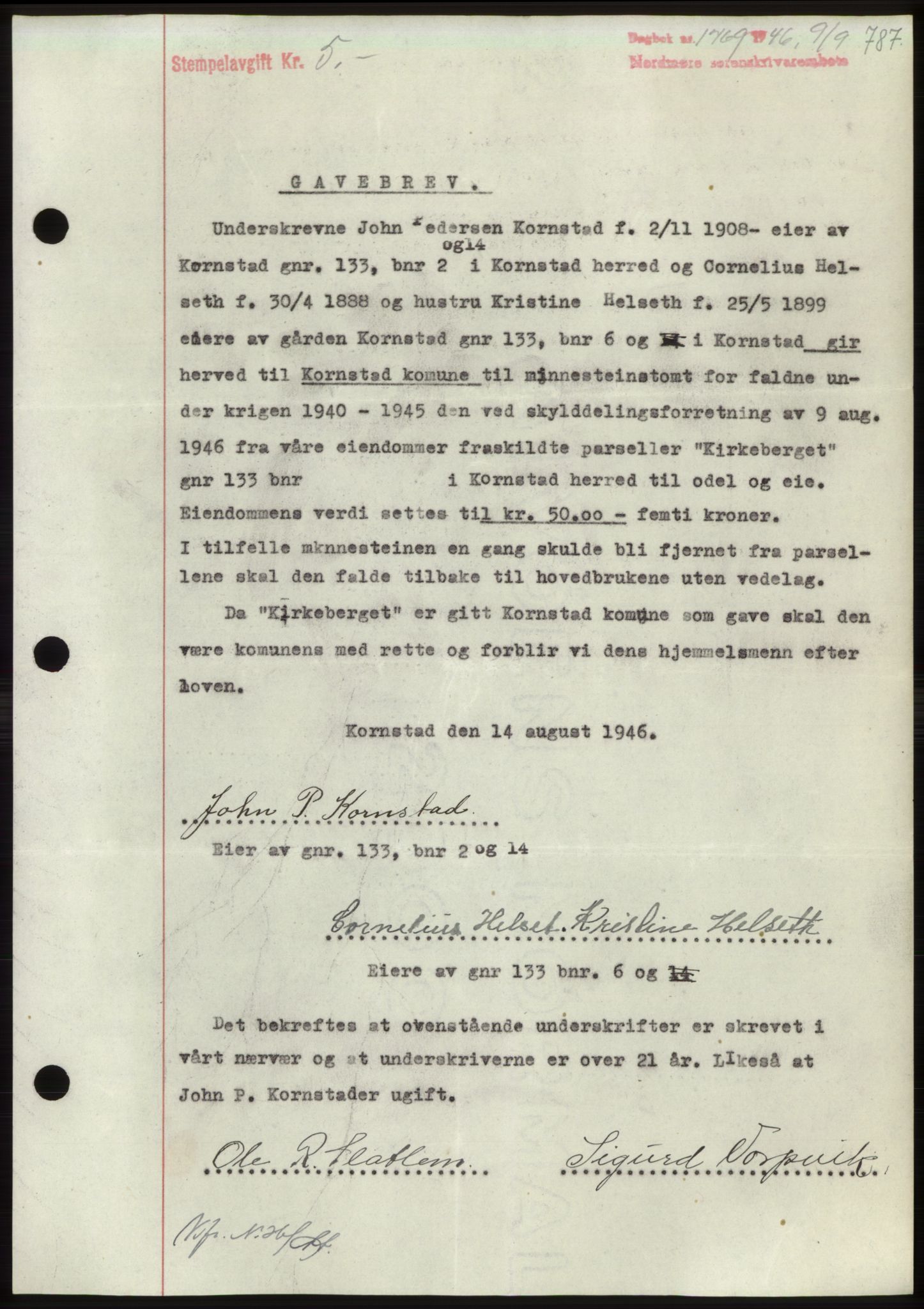 Nordmøre sorenskriveri, AV/SAT-A-4132/1/2/2Ca: Mortgage book no. B94, 1946-1946, Diary no: : 1769/1946