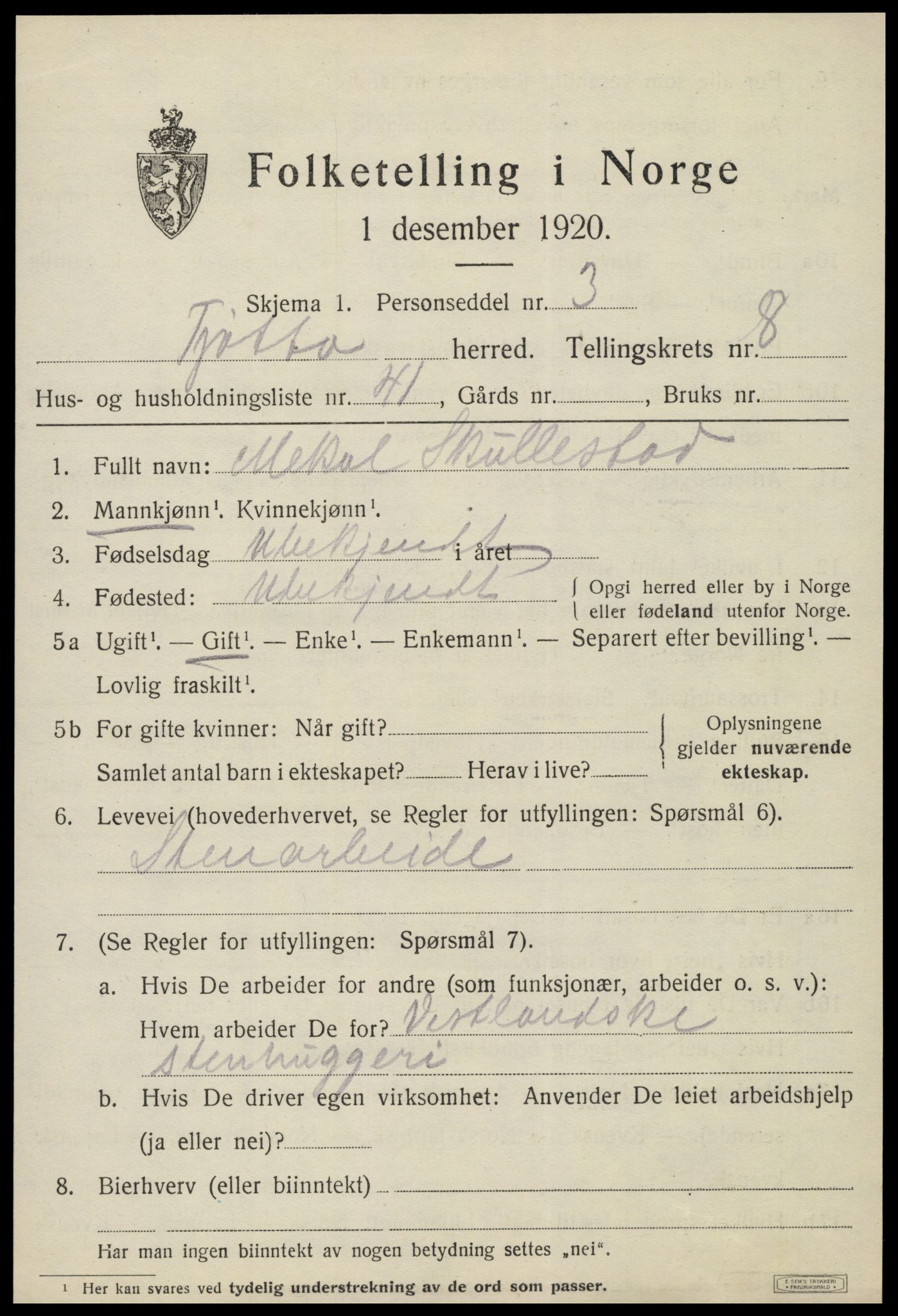 SAT, 1920 census for Tjøtta, 1920, p. 3909