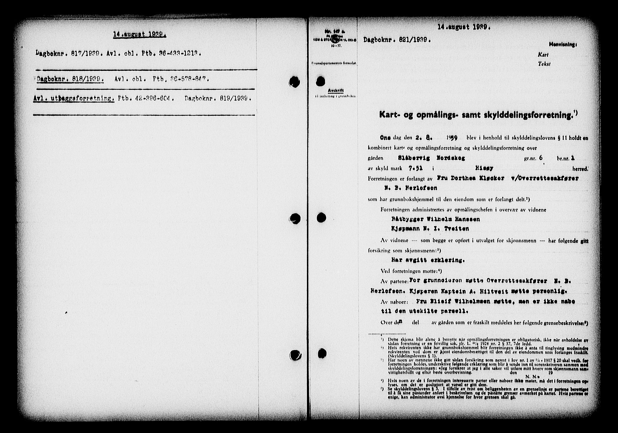 Nedenes sorenskriveri, SAK/1221-0006/G/Gb/Gba/L0047: Mortgage book no. A-I, 1939-1940, Diary no: : 821/1939