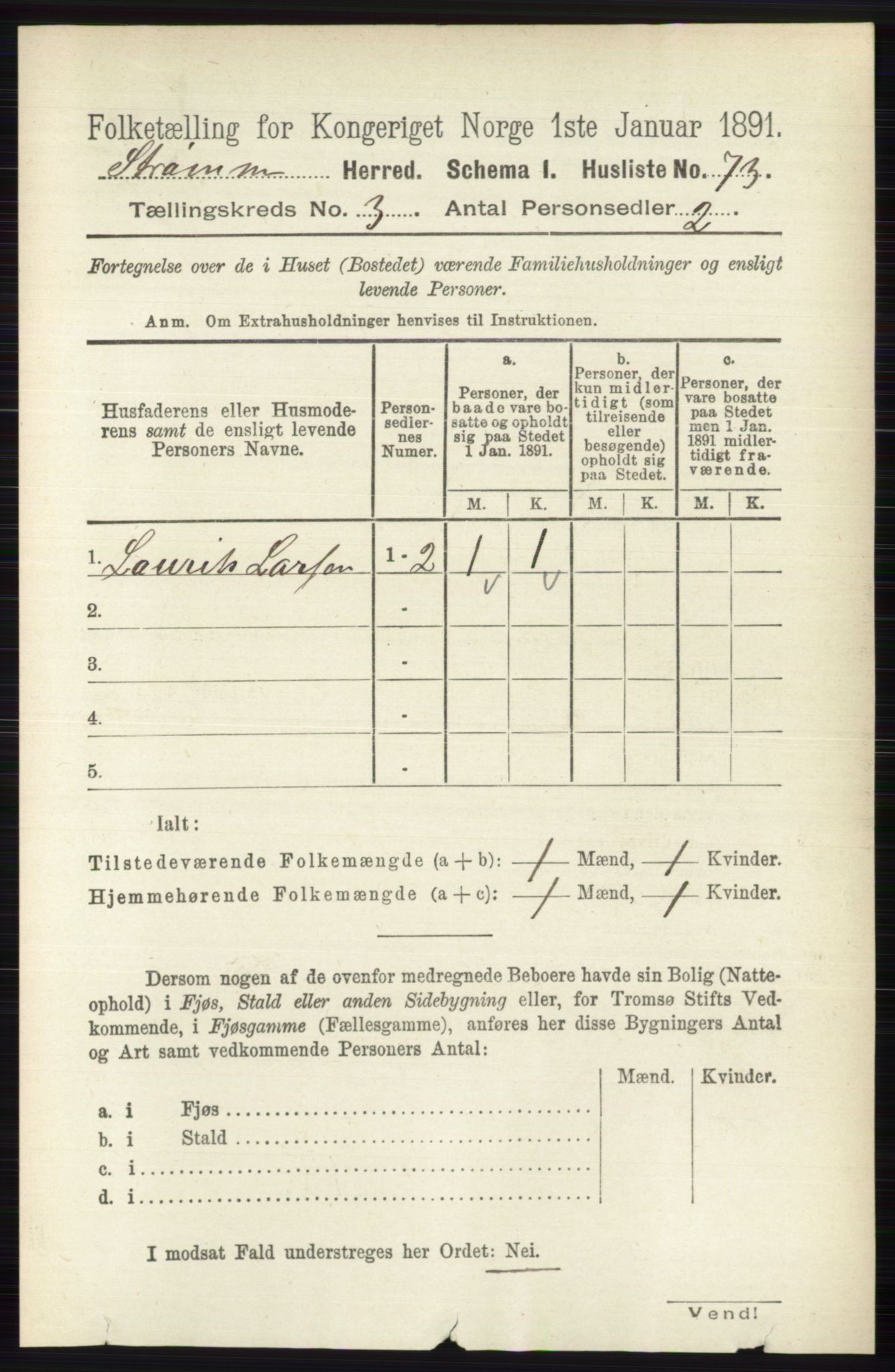 RA, 1891 census for 0711 Strømm, 1891, p. 1064