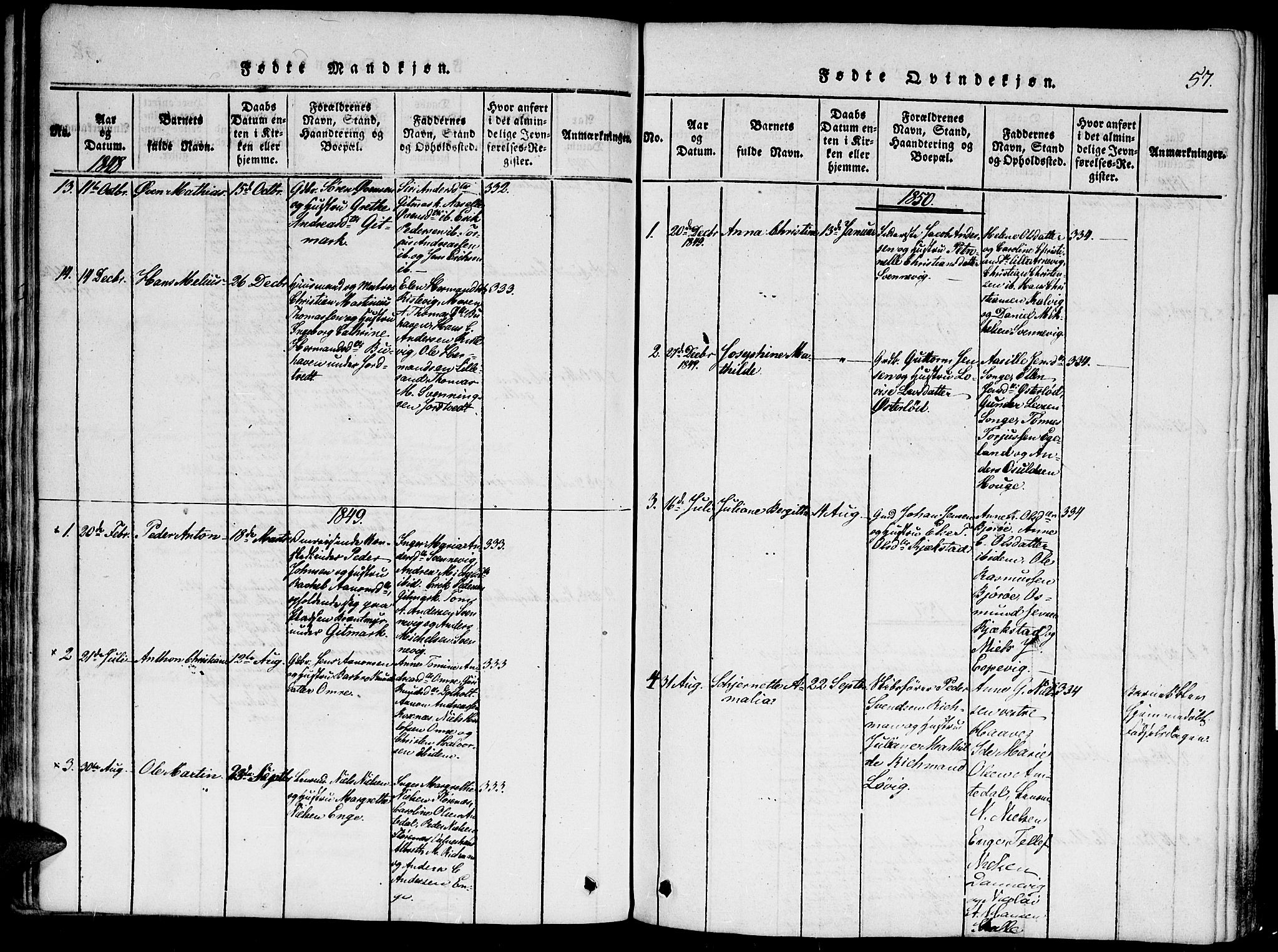 Hommedal sokneprestkontor, AV/SAK-1111-0023/F/Fa/Faa/L0001: Parish register (official) no. A 1, 1816-1860, p. 57