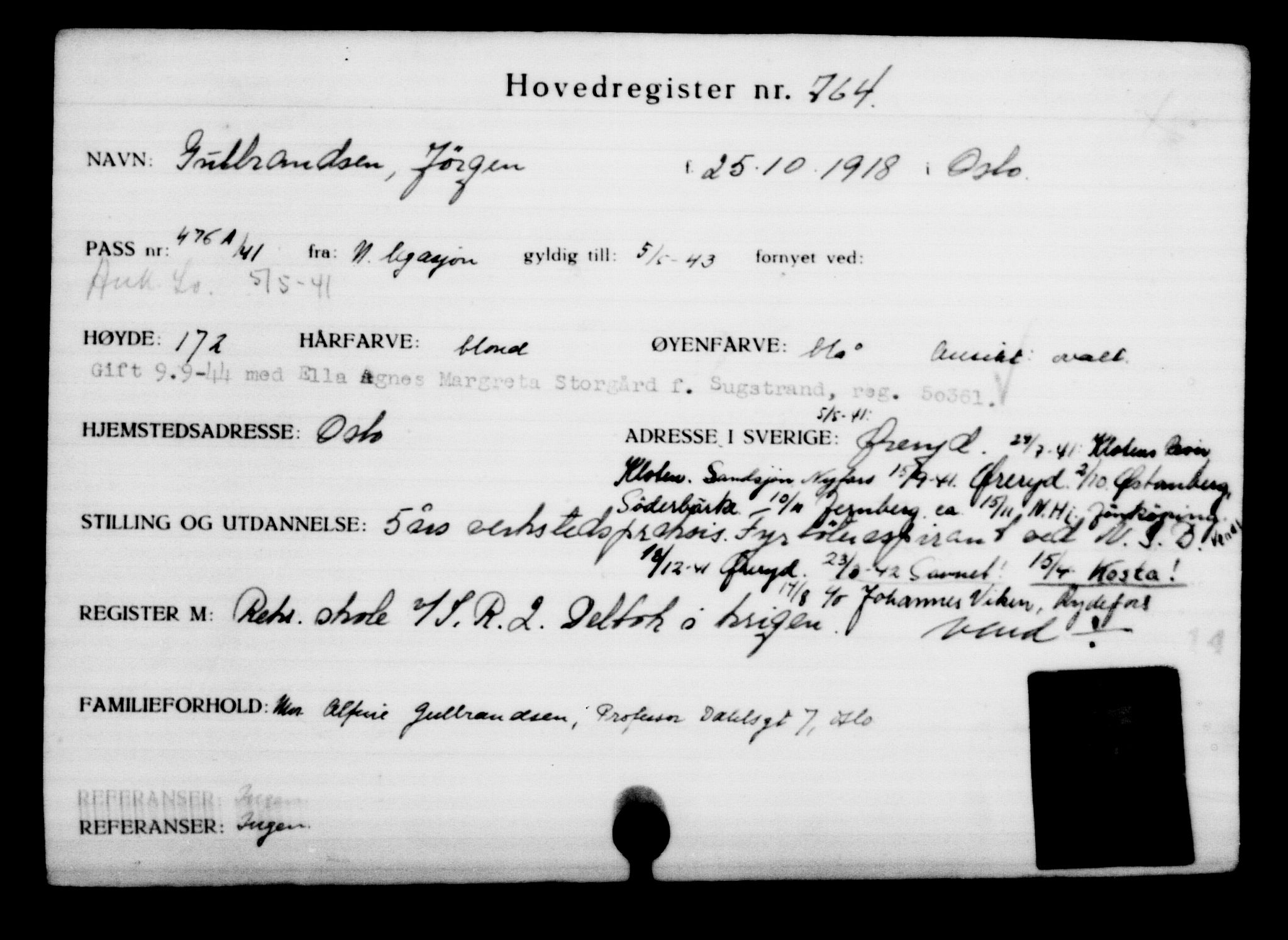 Utenriksstasjonene, Legasjonen i Stockholm, Flyktningkontoret, AV/RA-S-6753/V/Va/L0001: Kjesäterkartoteket, flyktninger med registreringsnr. 1-1000, 1940-1945, p. 1206
