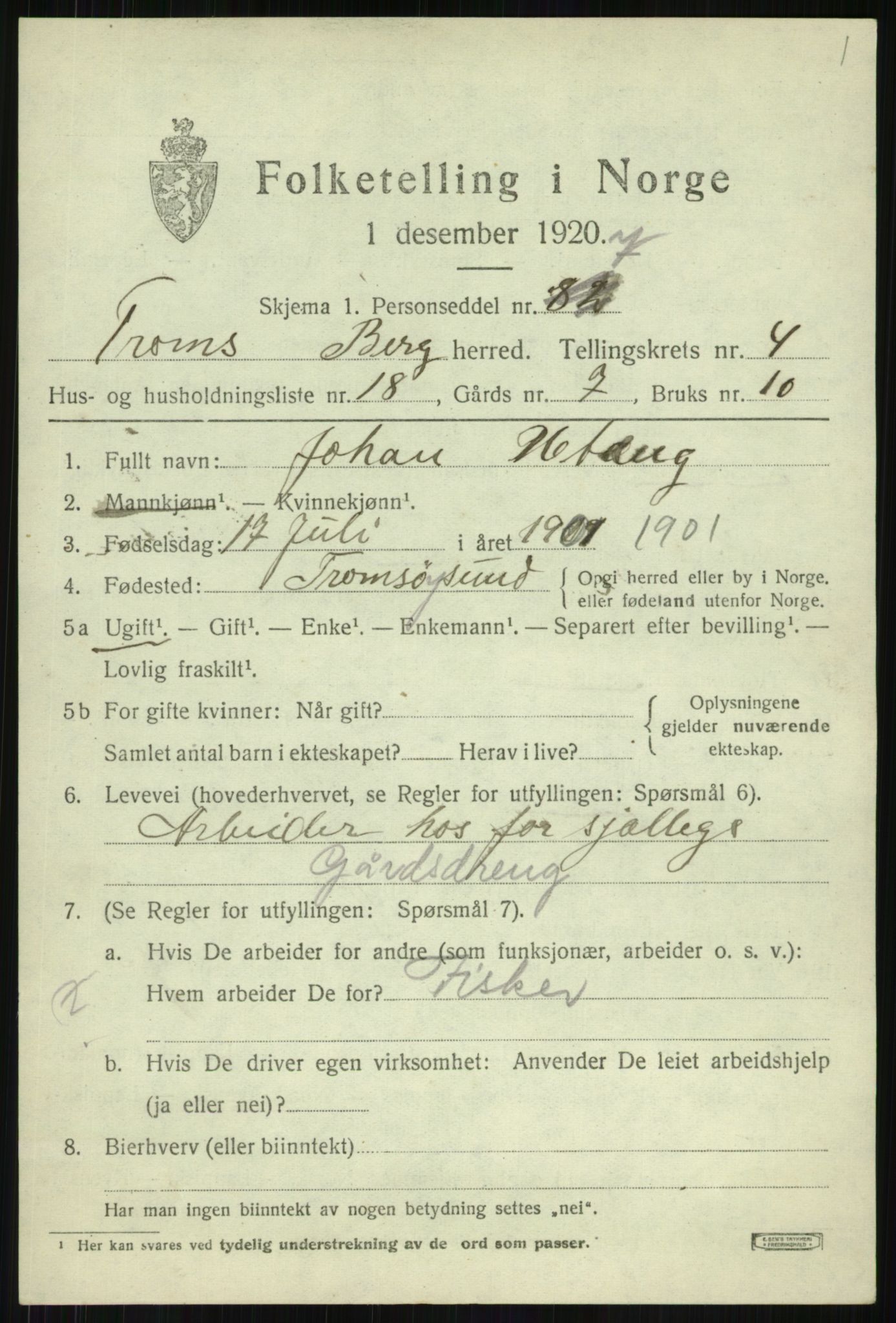 SATØ, 1920 census for Berg, 1920, p. 1702