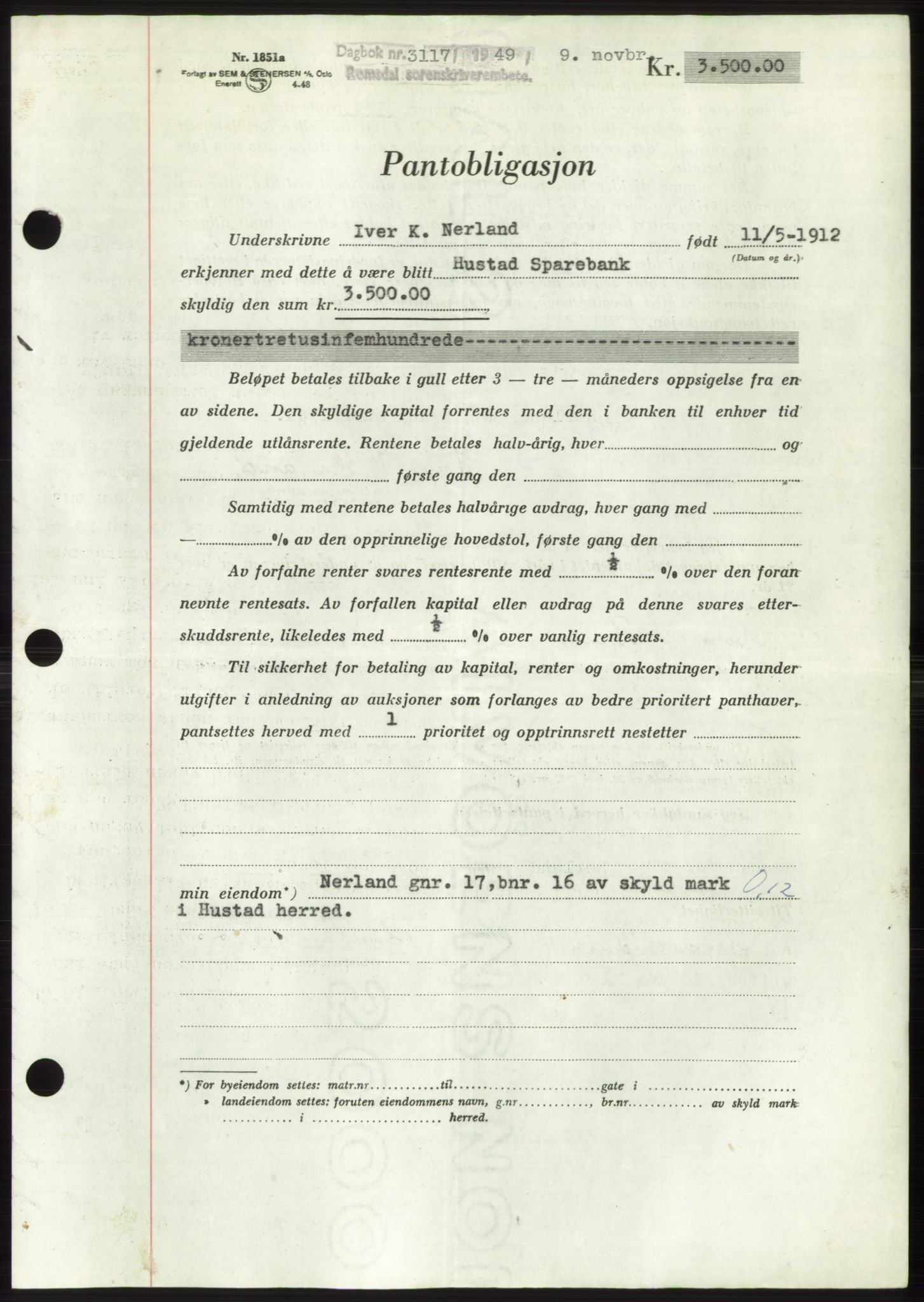 Romsdal sorenskriveri, AV/SAT-A-4149/1/2/2C: Mortgage book no. B5, 1949-1950, Diary no: : 3117/1949