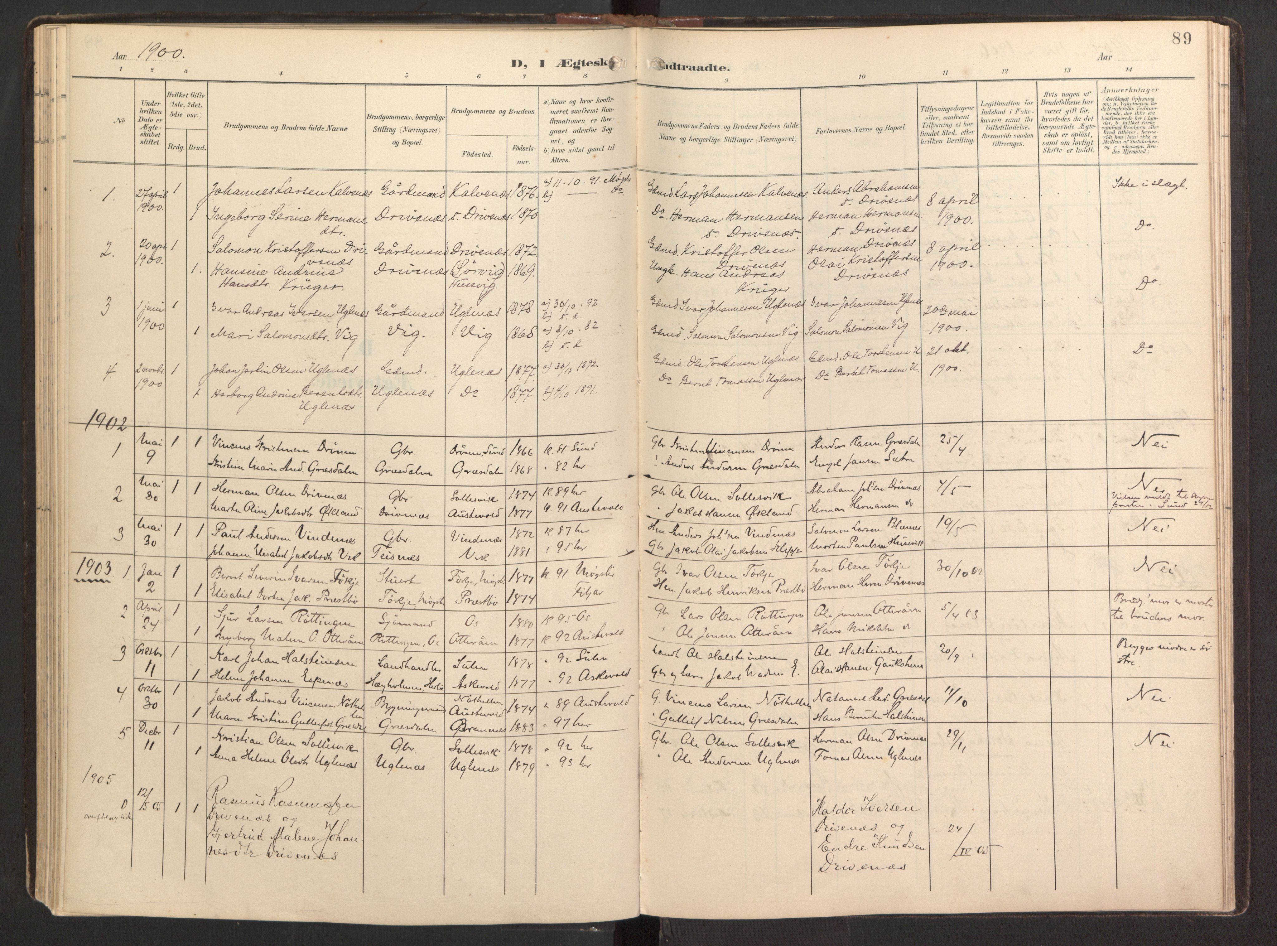 Fitjar sokneprestembete, SAB/A-99926: Parish register (official) no. B 1, 1900-1926, p. 89