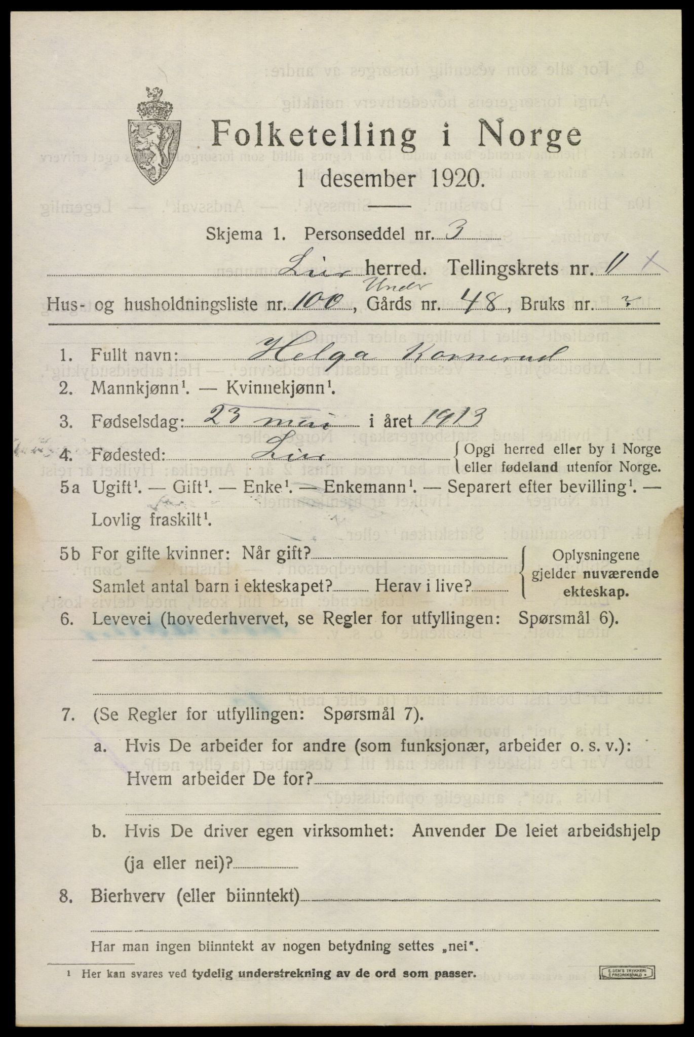 SAKO, 1920 census for Lier, 1920, p. 17256