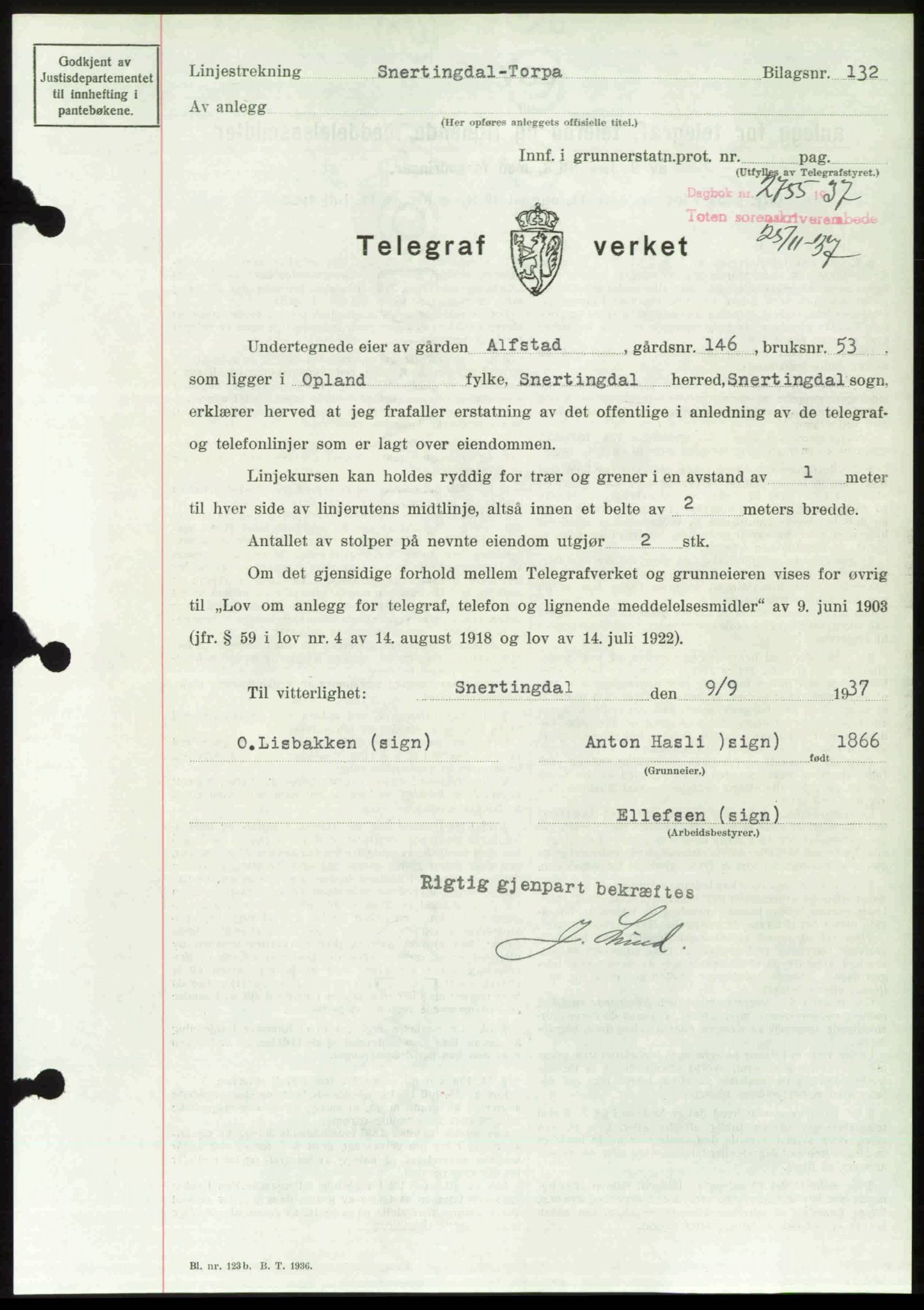 Toten tingrett, SAH/TING-006/H/Hb/Hbc/L0003: Mortgage book no. Hbc-03, 1937-1938, Diary no: : 2755/1937