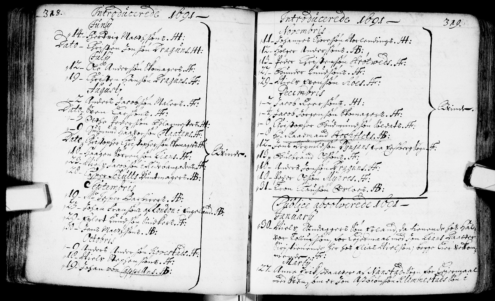 Bragernes kirkebøker, SAKO/A-6/F/Fa/L0002: Parish register (official) no. I 2, 1680-1705, p. 318-319