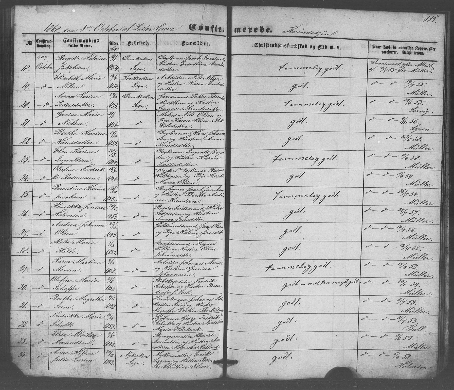 Domkirken sokneprestembete, AV/SAB-A-74801/H/Haa/L0064: Curate's parish register no. A 2, 1850-1872, p. 115