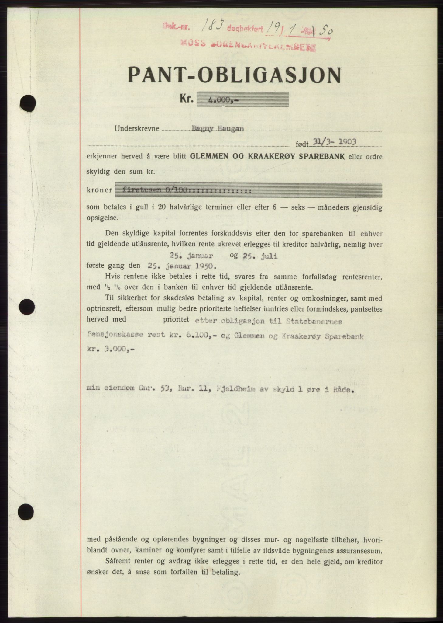 Moss sorenskriveri, SAO/A-10168: Mortgage book no. B23, 1949-1950, Diary no: : 183/1950
