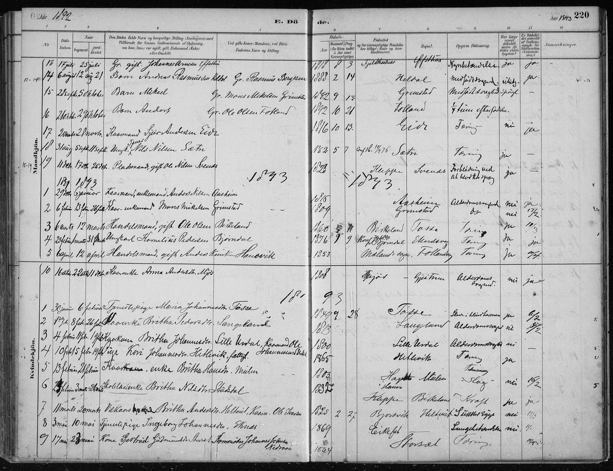 Hosanger sokneprestembete, SAB/A-75801/H/Haa: Parish register (official) no. B  1, 1880-1896, p. 220