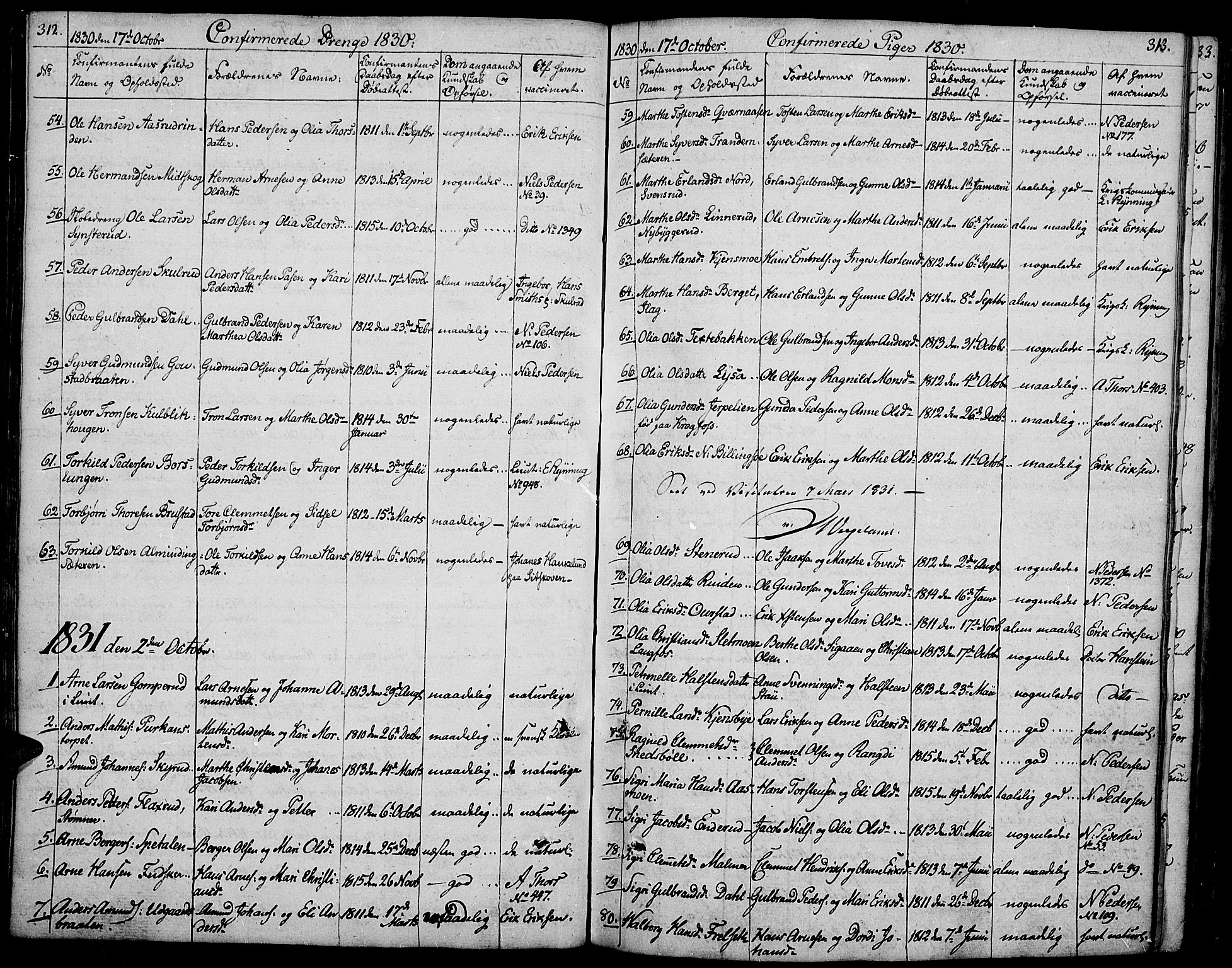 Vinger prestekontor, SAH/PREST-024/H/Ha/Hab/L0002: Parish register (copy) no. 2, 1818-1834, p. 312-313