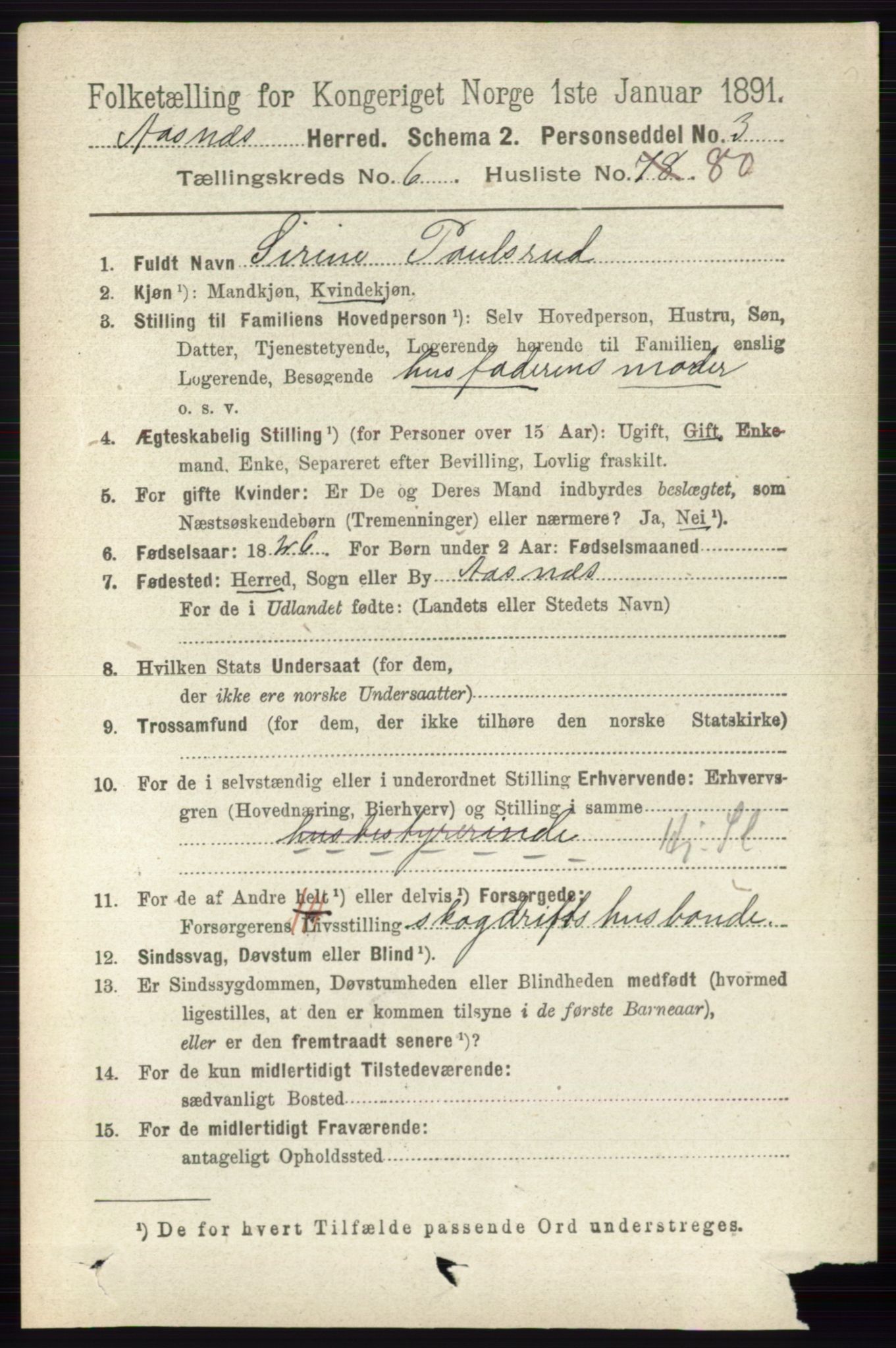 RA, 1891 census for 0425 Åsnes, 1891, p. 3232