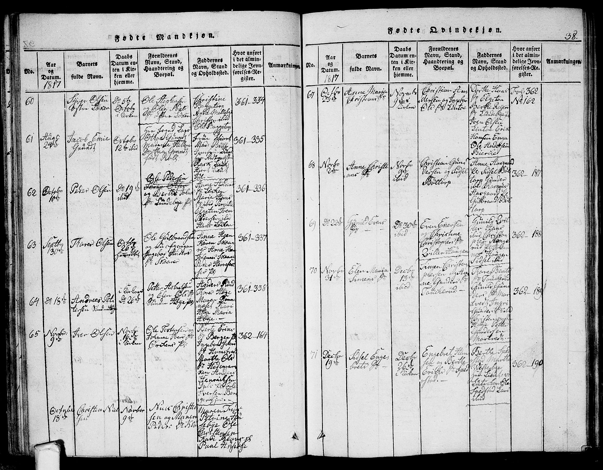 Eidsberg prestekontor Kirkebøker, AV/SAO-A-10905/G/Ga/L0001: Parish register (copy) no. I 1, 1814-1831, p. 38