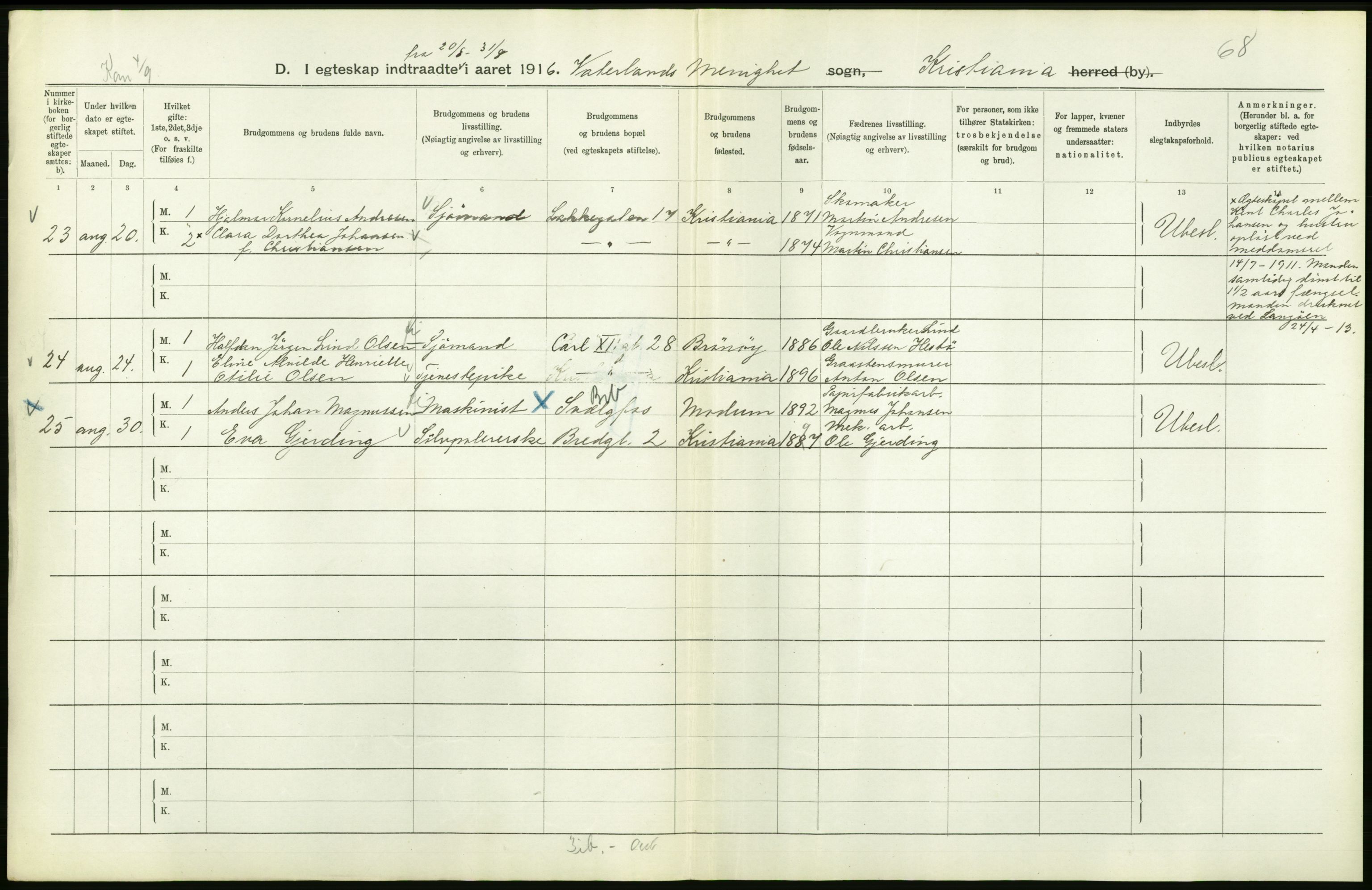 Statistisk sentralbyrå, Sosiodemografiske emner, Befolkning, AV/RA-S-2228/D/Df/Dfb/Dfbf/L0008: Kristiania: Gifte, 1916, p. 864