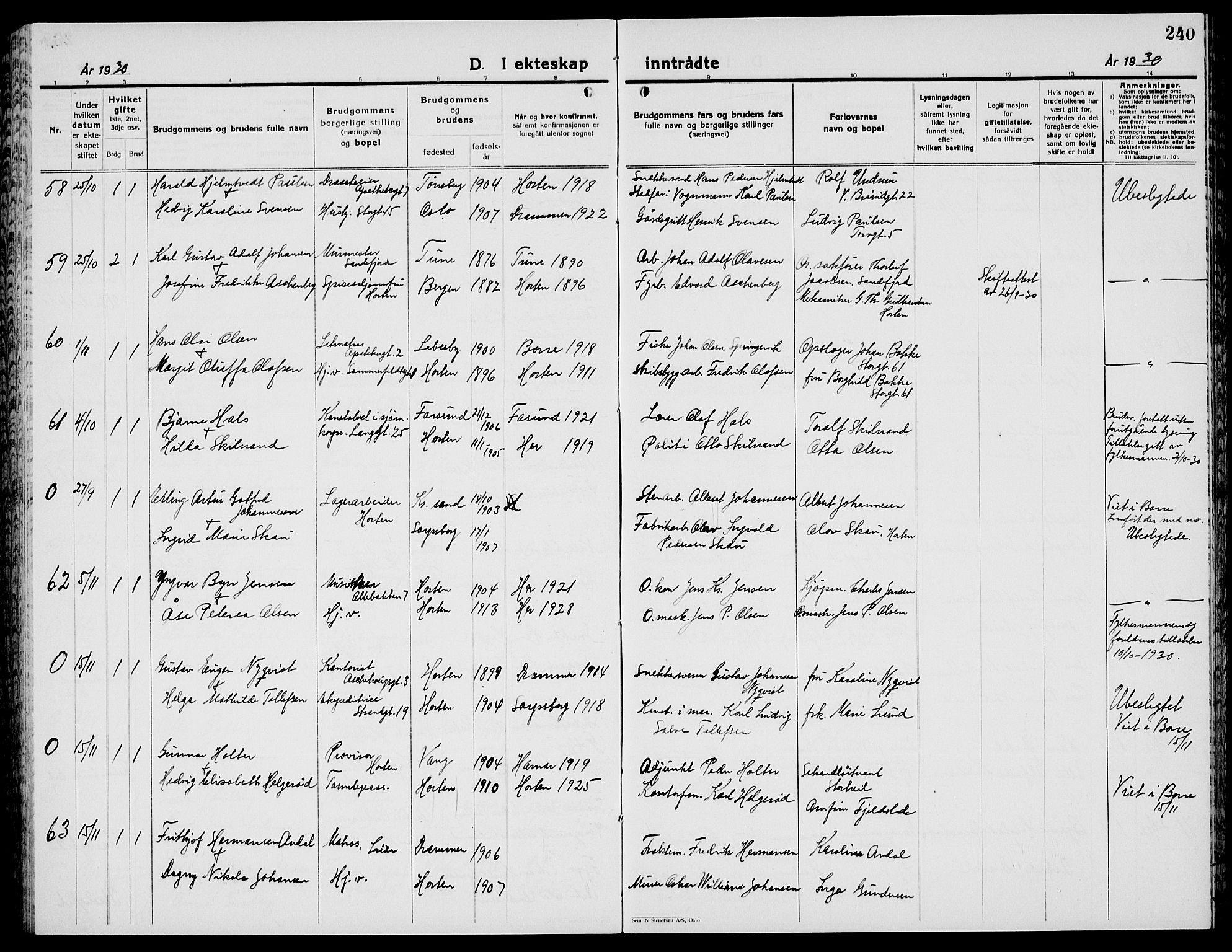 Horten kirkebøker, AV/SAKO-A-348/G/Ga/L0009: Parish register (copy) no. 9, 1926-1936, p. 240