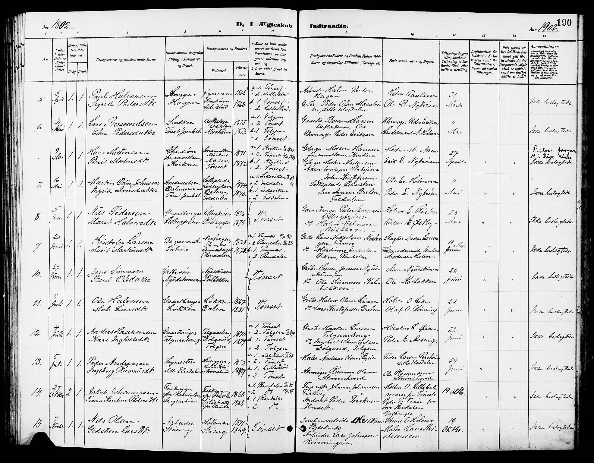 Tynset prestekontor, AV/SAH-PREST-058/H/Ha/Hab/L0009: Parish register (copy) no. 9, 1900-1914, p. 190