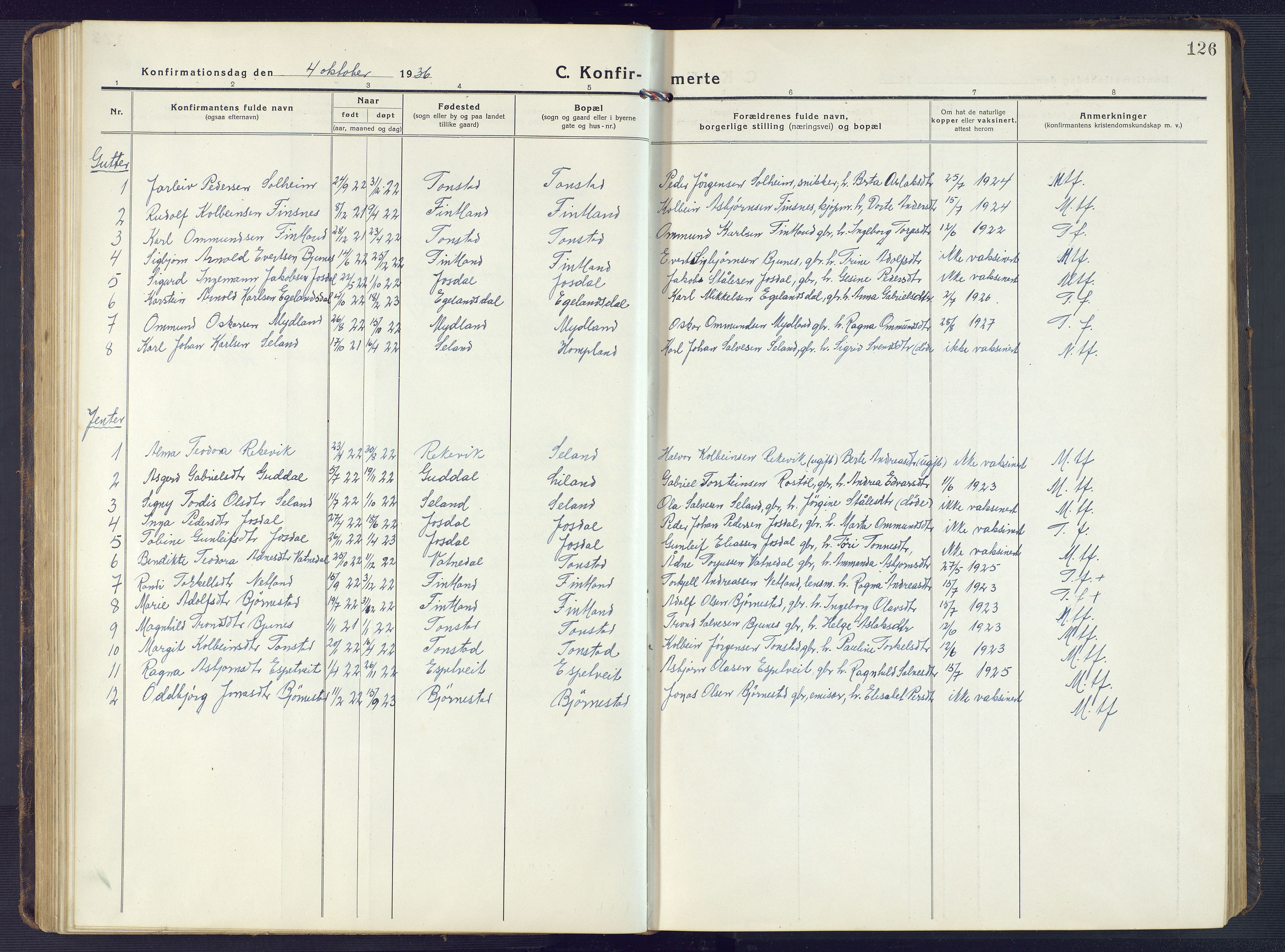 Sirdal sokneprestkontor, AV/SAK-1111-0036/F/Fb/Fbb/L0005: Parish register (copy) no. B 5, 1916-1960, p. 126