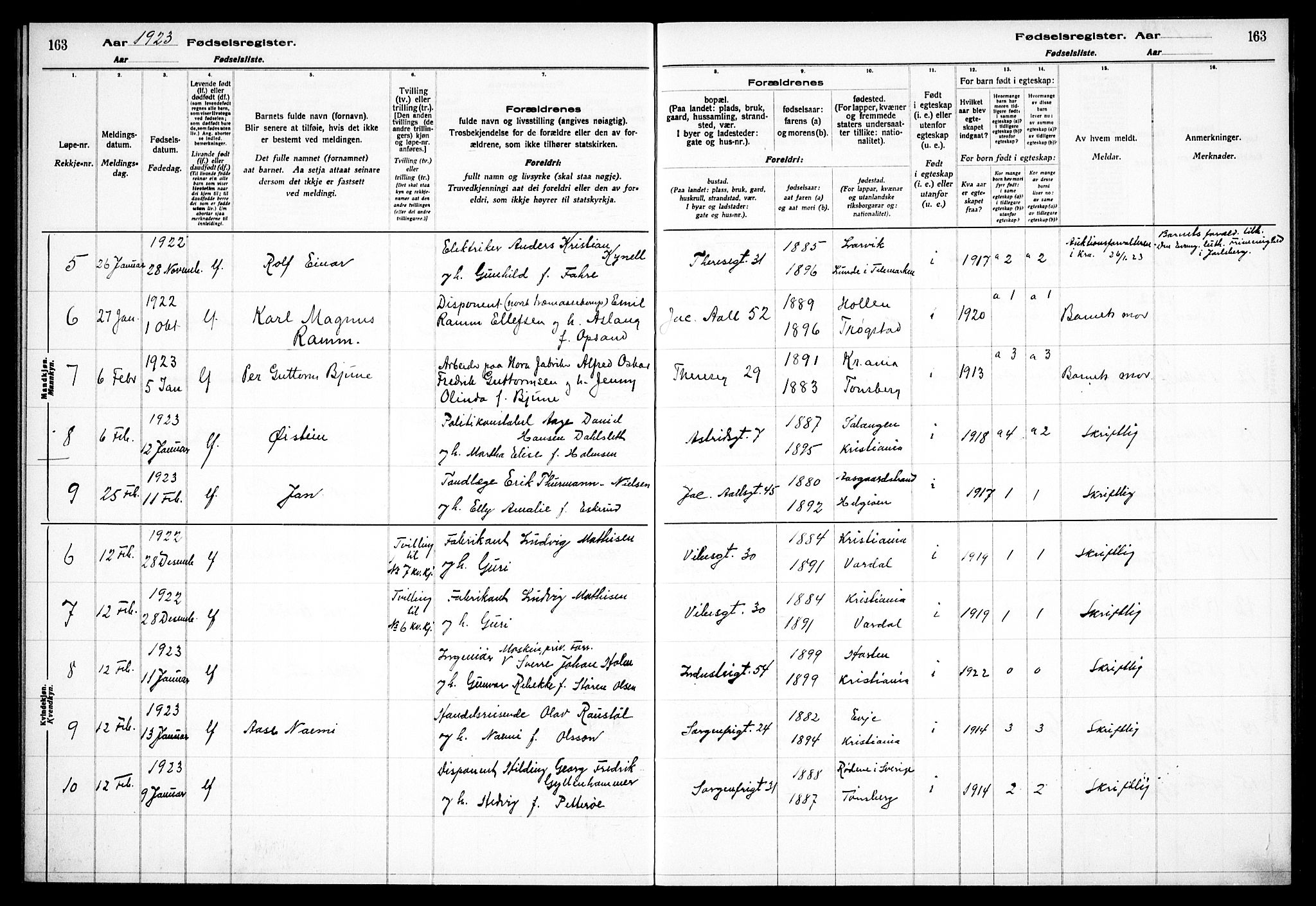 Fagerborg prestekontor Kirkebøker, AV/SAO-A-10844/J/Ja/L0001: Birth register no. 1, 1916-1925, p. 163