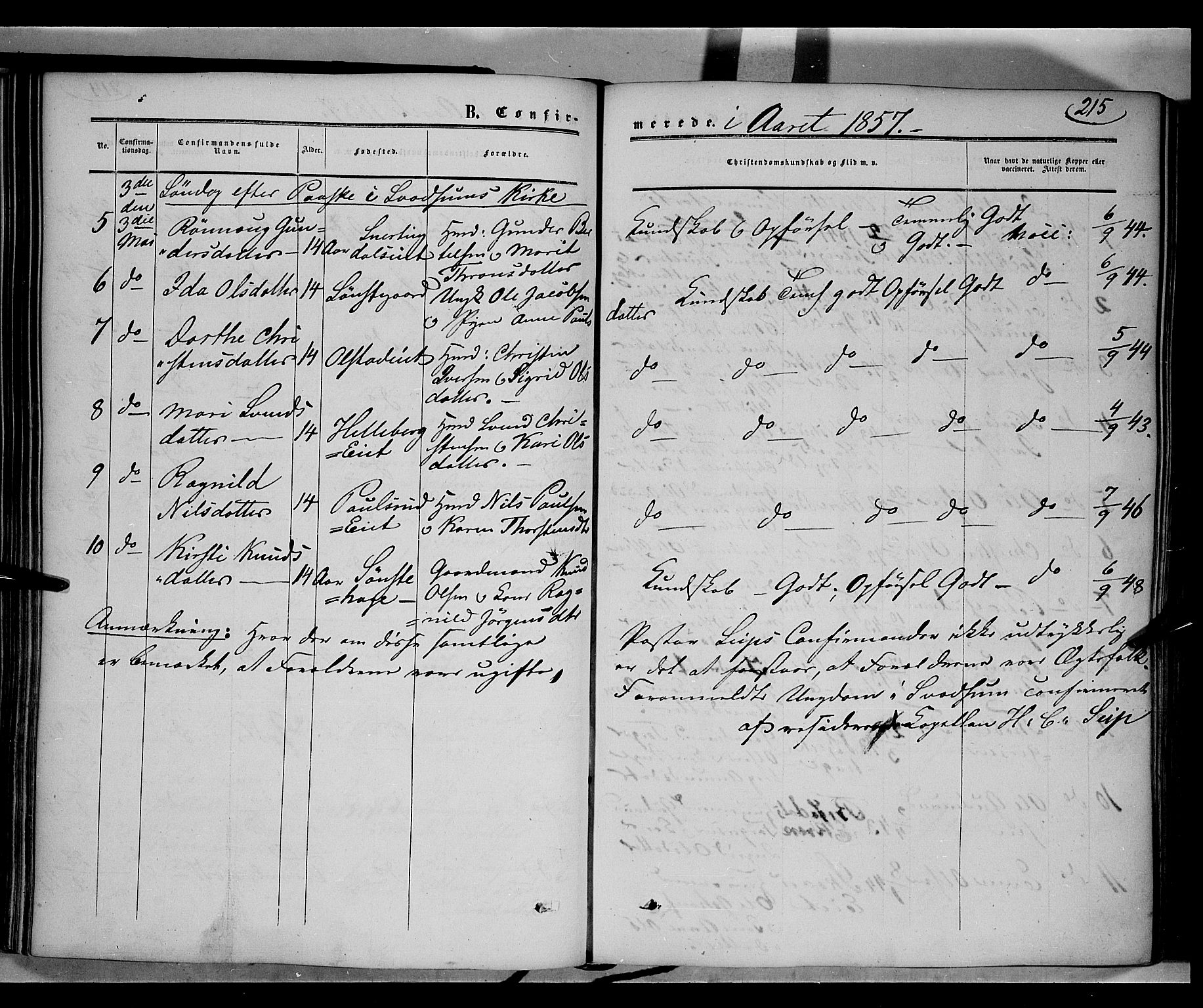 Gausdal prestekontor, SAH/PREST-090/H/Ha/Haa/L0008: Parish register (official) no. 8, 1850-1861, p. 215