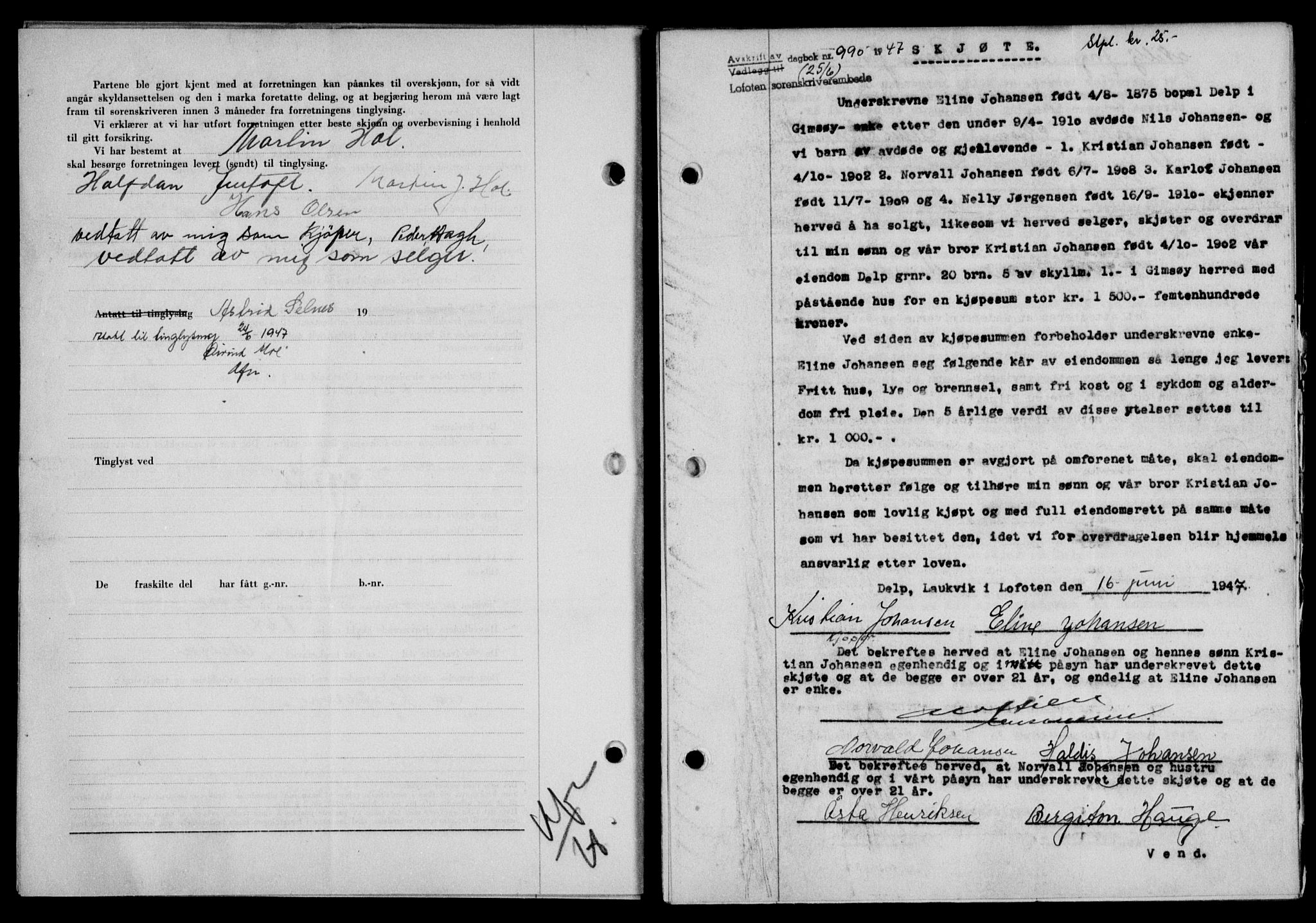 Lofoten sorenskriveri, SAT/A-0017/1/2/2C/L0016a: Mortgage book no. 16a, 1947-1947, Diary no: : 990/1947