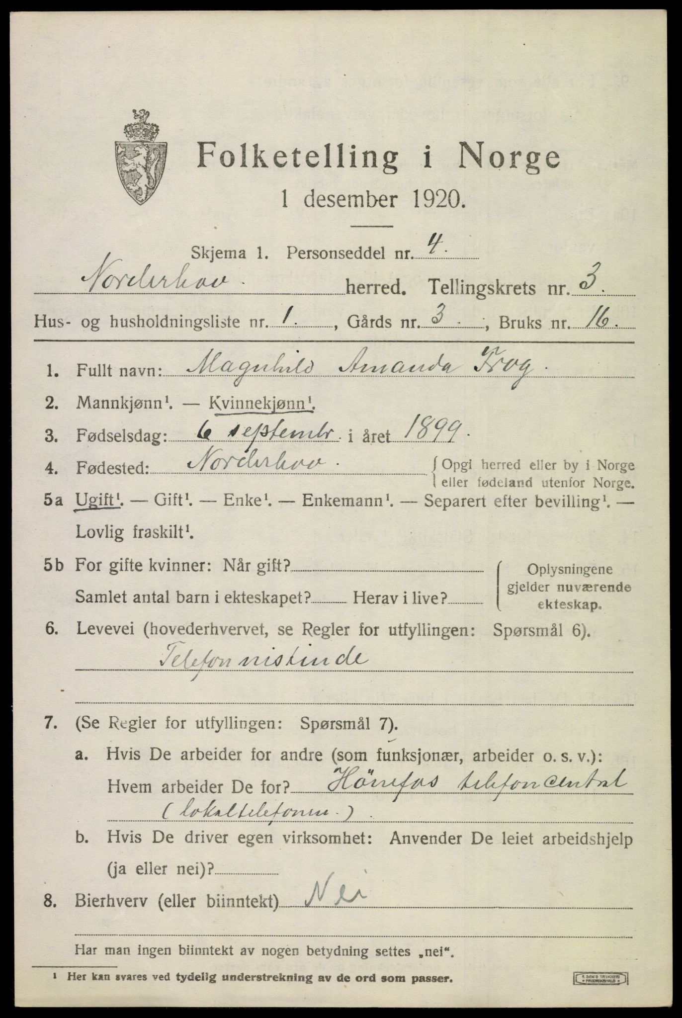 SAKO, 1920 census for Norderhov, 1920, p. 5286