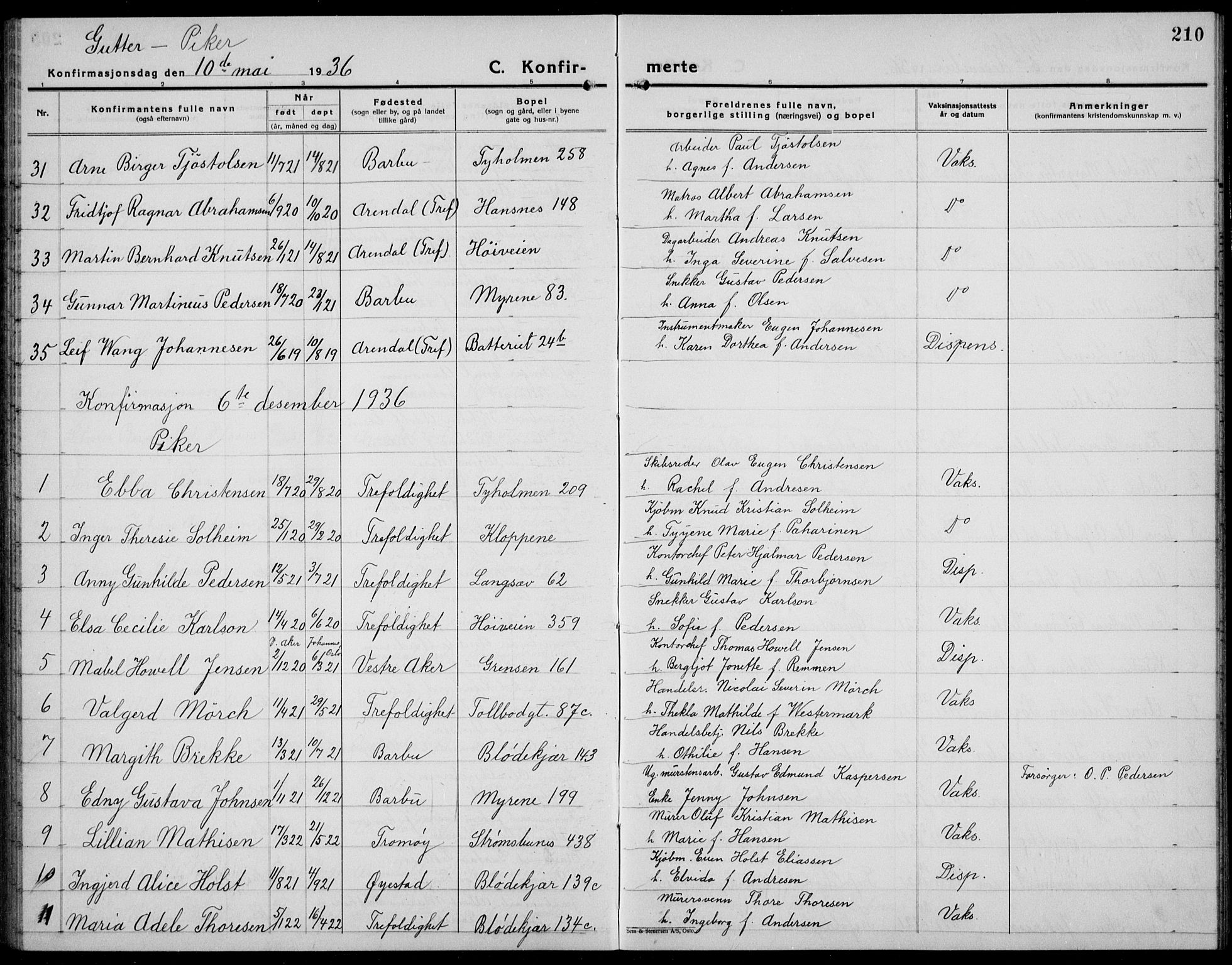 Arendal sokneprestkontor, Trefoldighet, AV/SAK-1111-0040/F/Fb/L0008: Parish register (copy) no. B 8, 1928-1939, p. 210